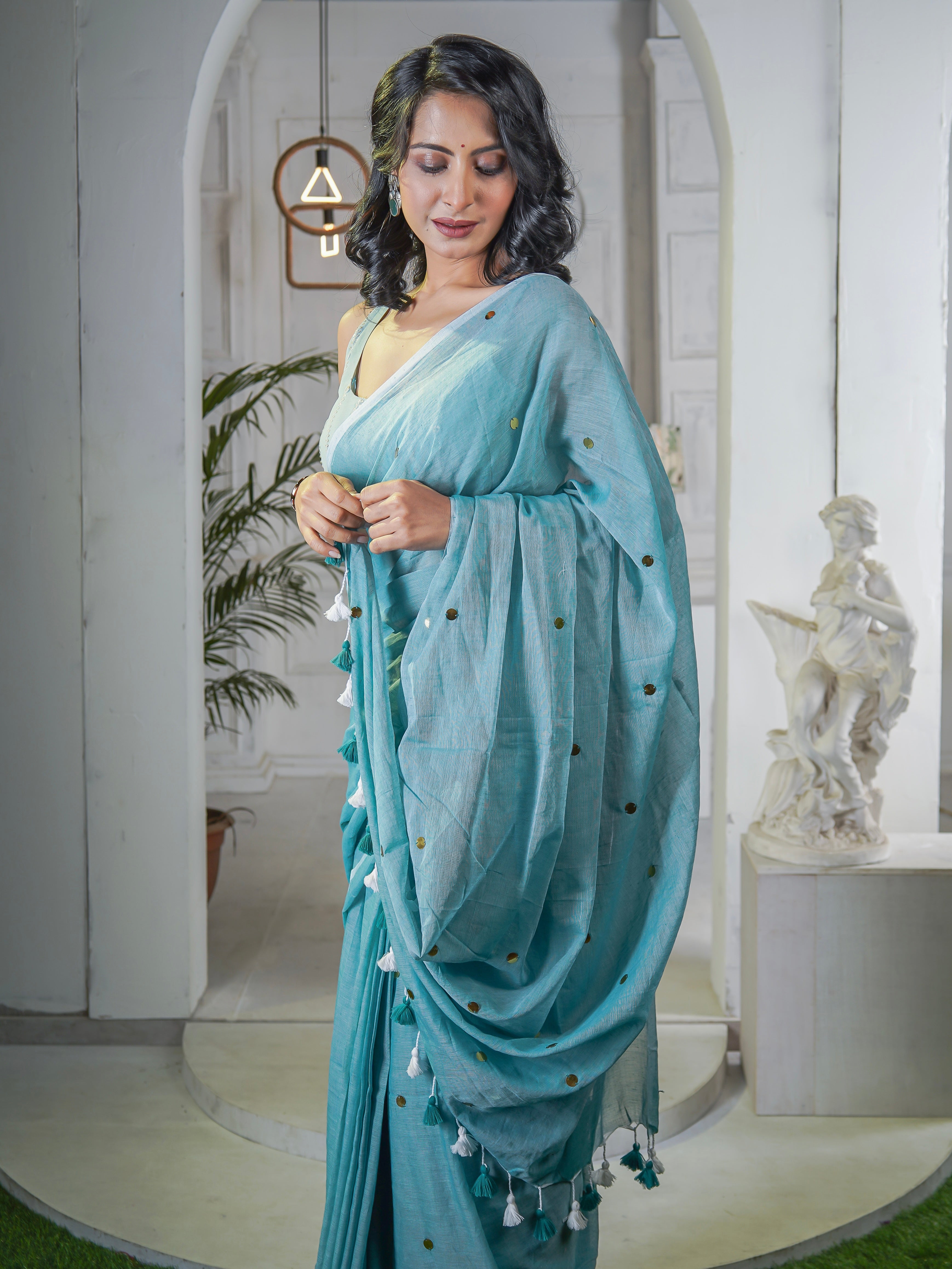 Light Blue Mul Mul Cotton Saree with Ginni Work