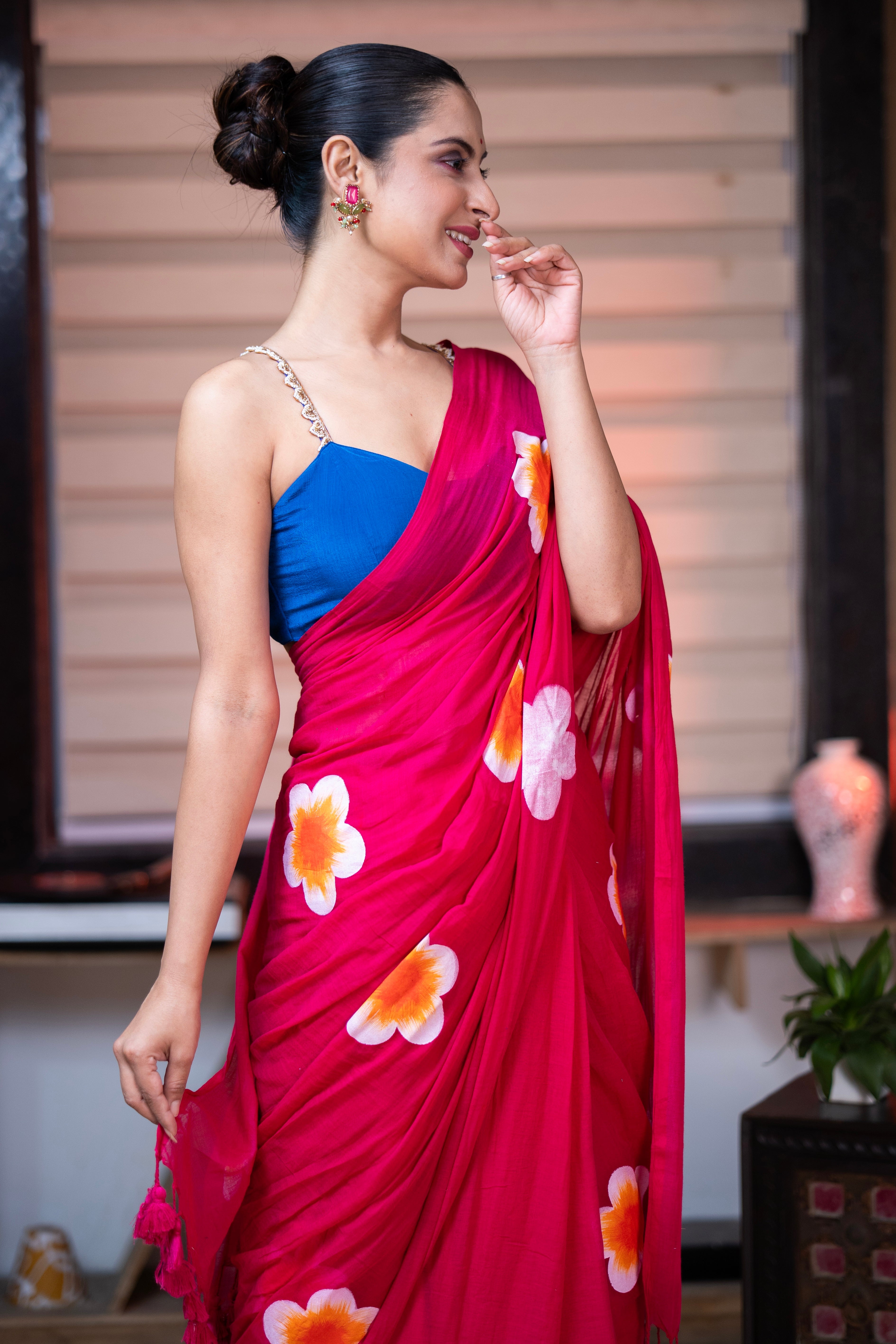 Hand-Printed Floral Mulmul Cotton Saree- Rani