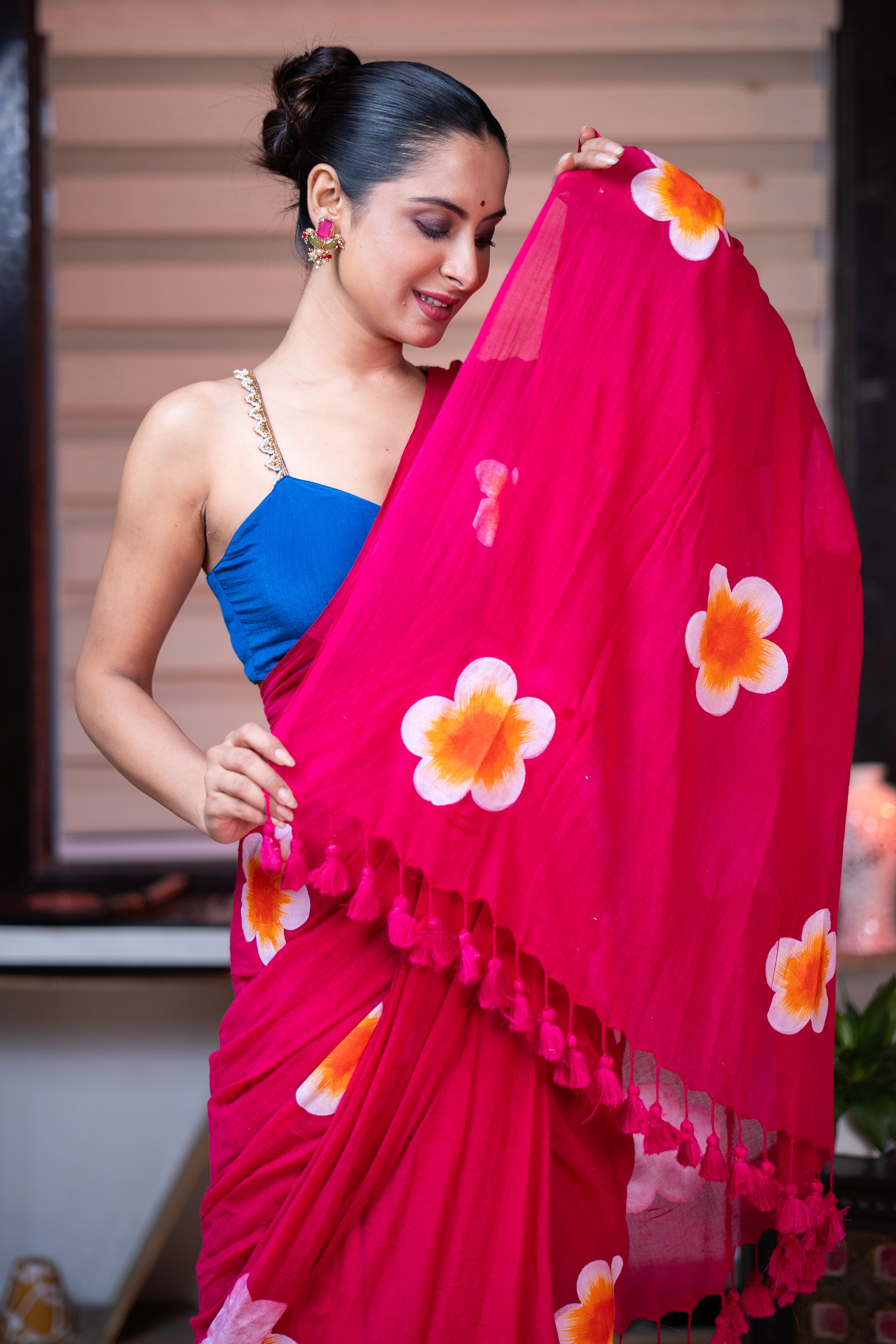 Hand-Printed Floral Mulmul Cotton Saree- Rani