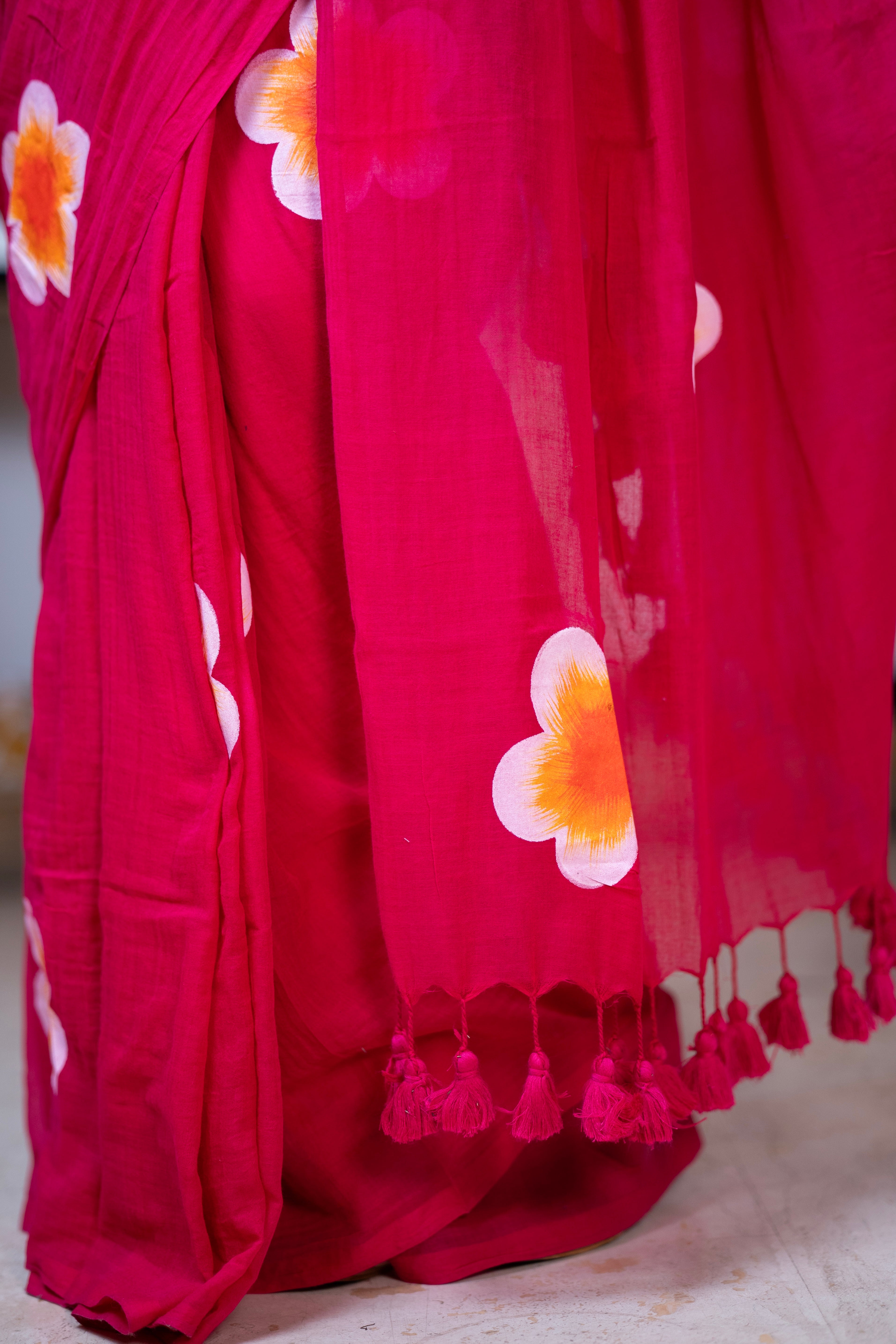 Hand-Printed Floral Mulmul Cotton Saree- Rani