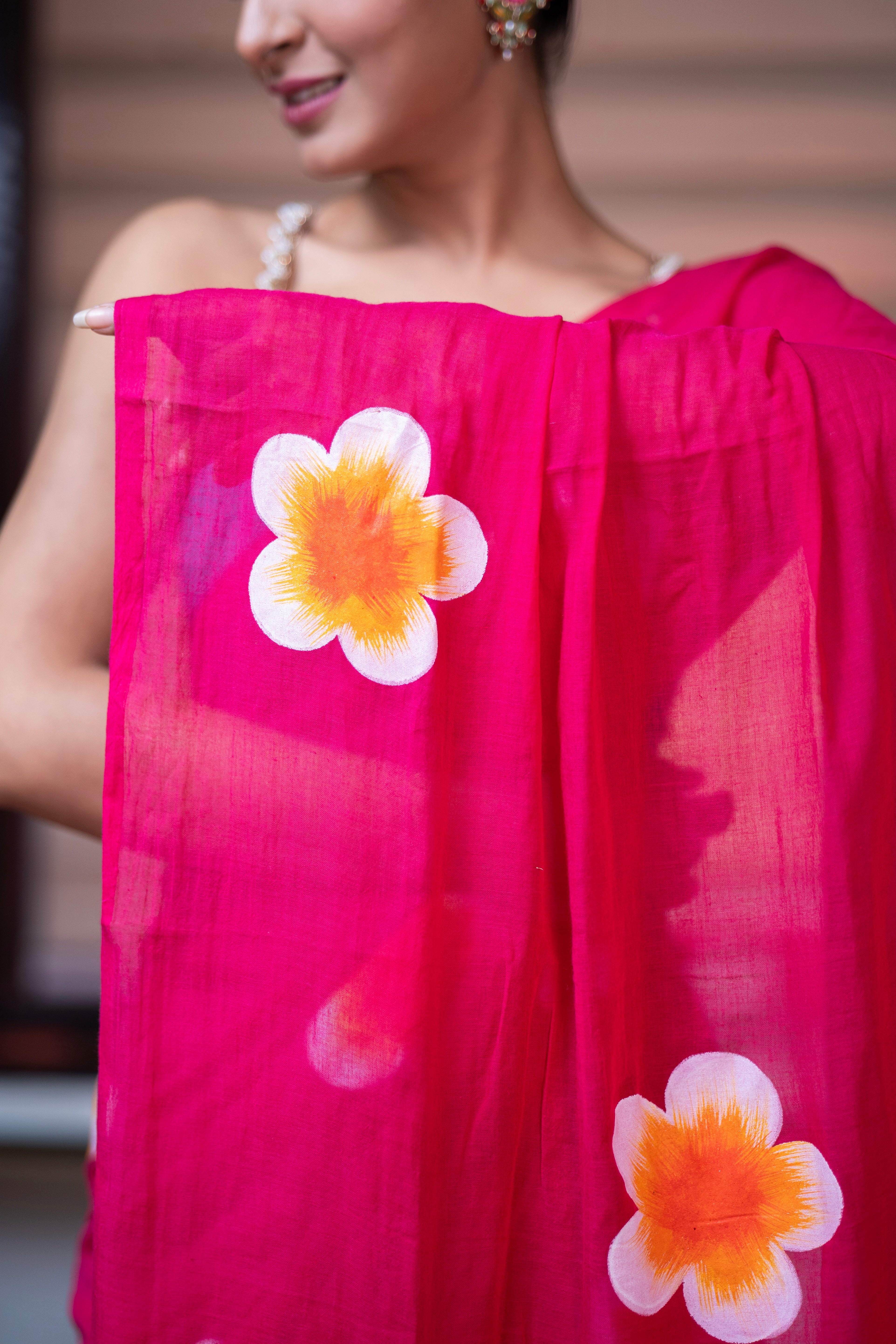 Hand-Printed Floral Mulmul Cotton Saree- Rani