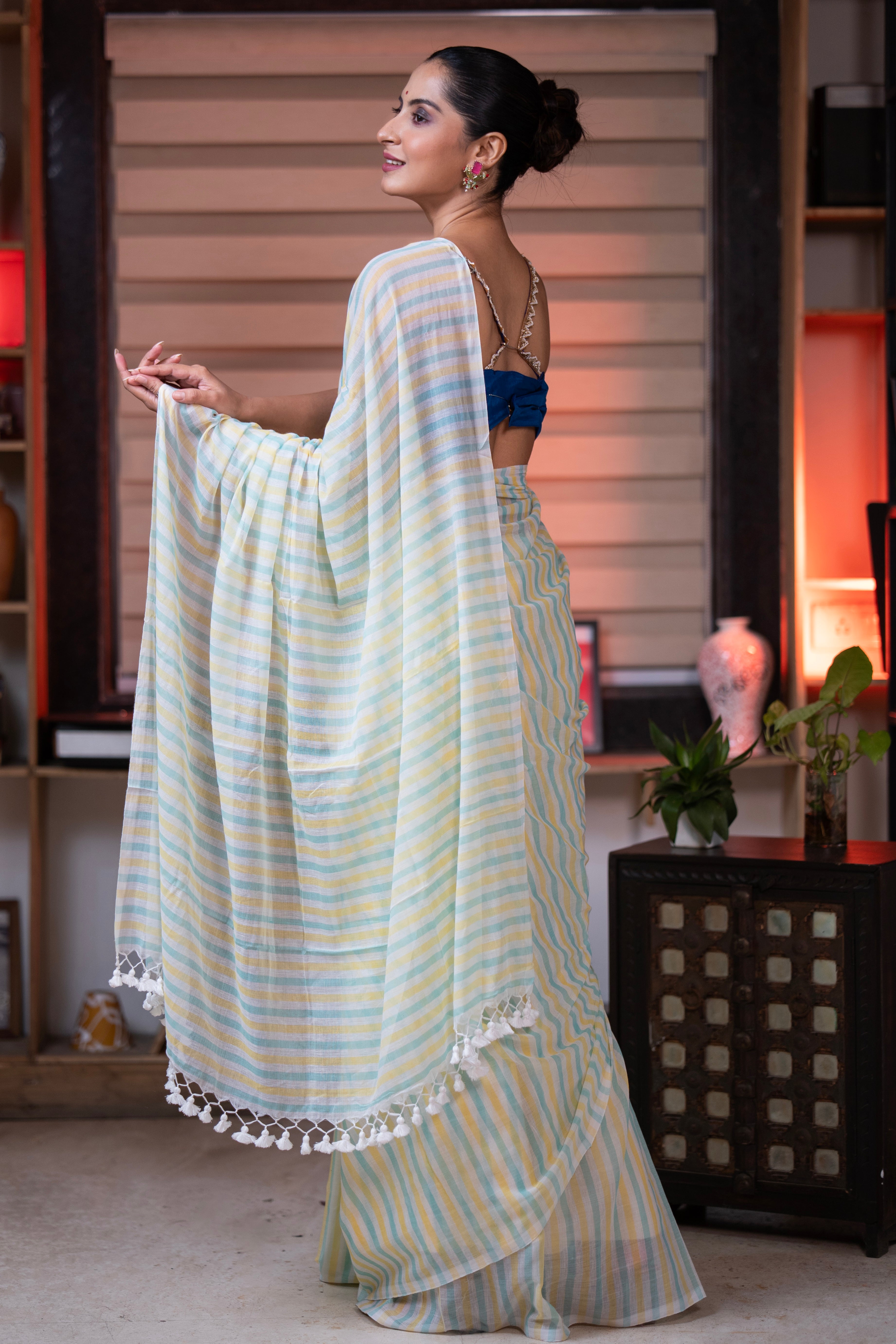 Yellow & Blue Multicolour Stripes Mul Mul Cotton Saree