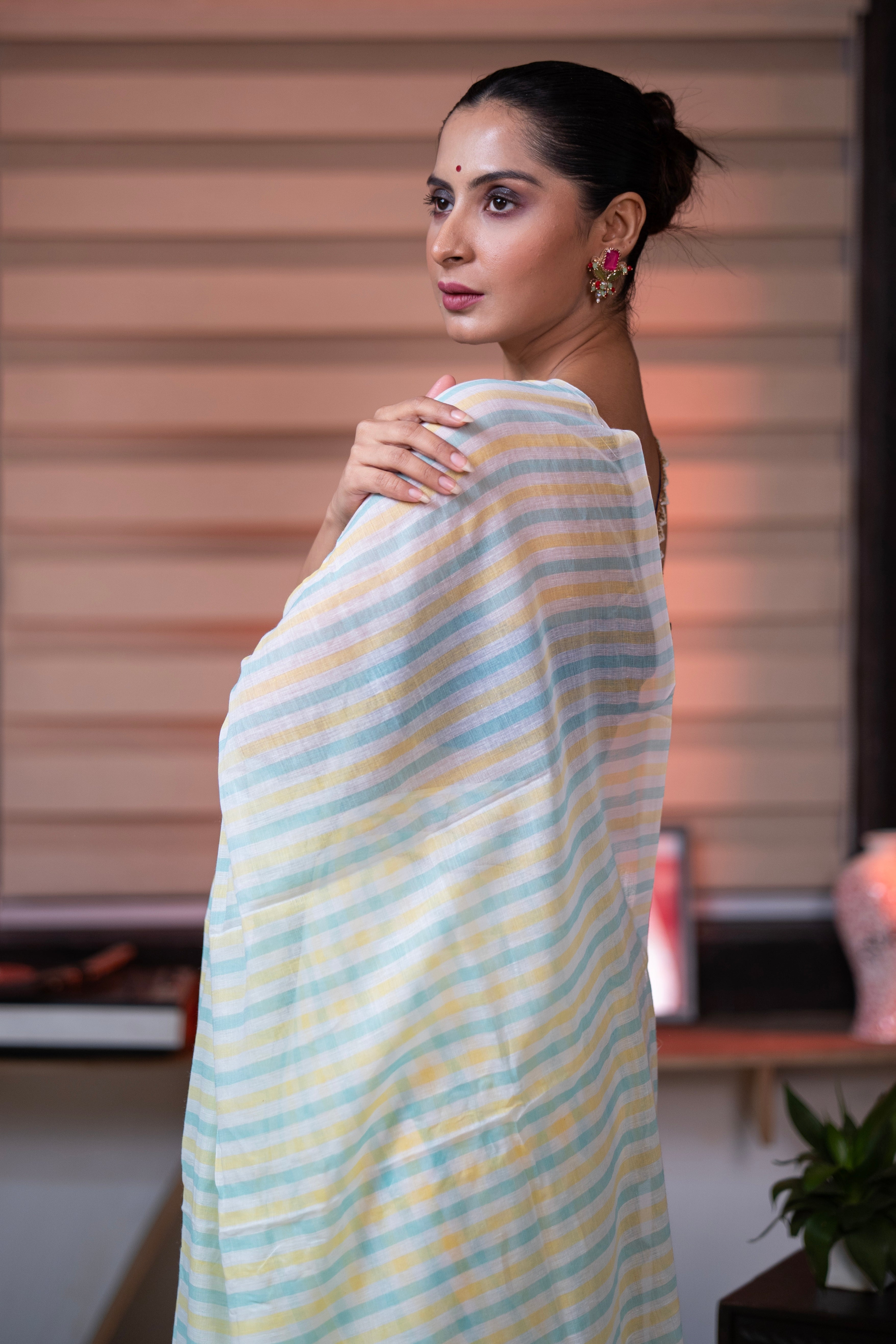 Yellow & Blue Multicolour Stripes Mul Mul Cotton Saree