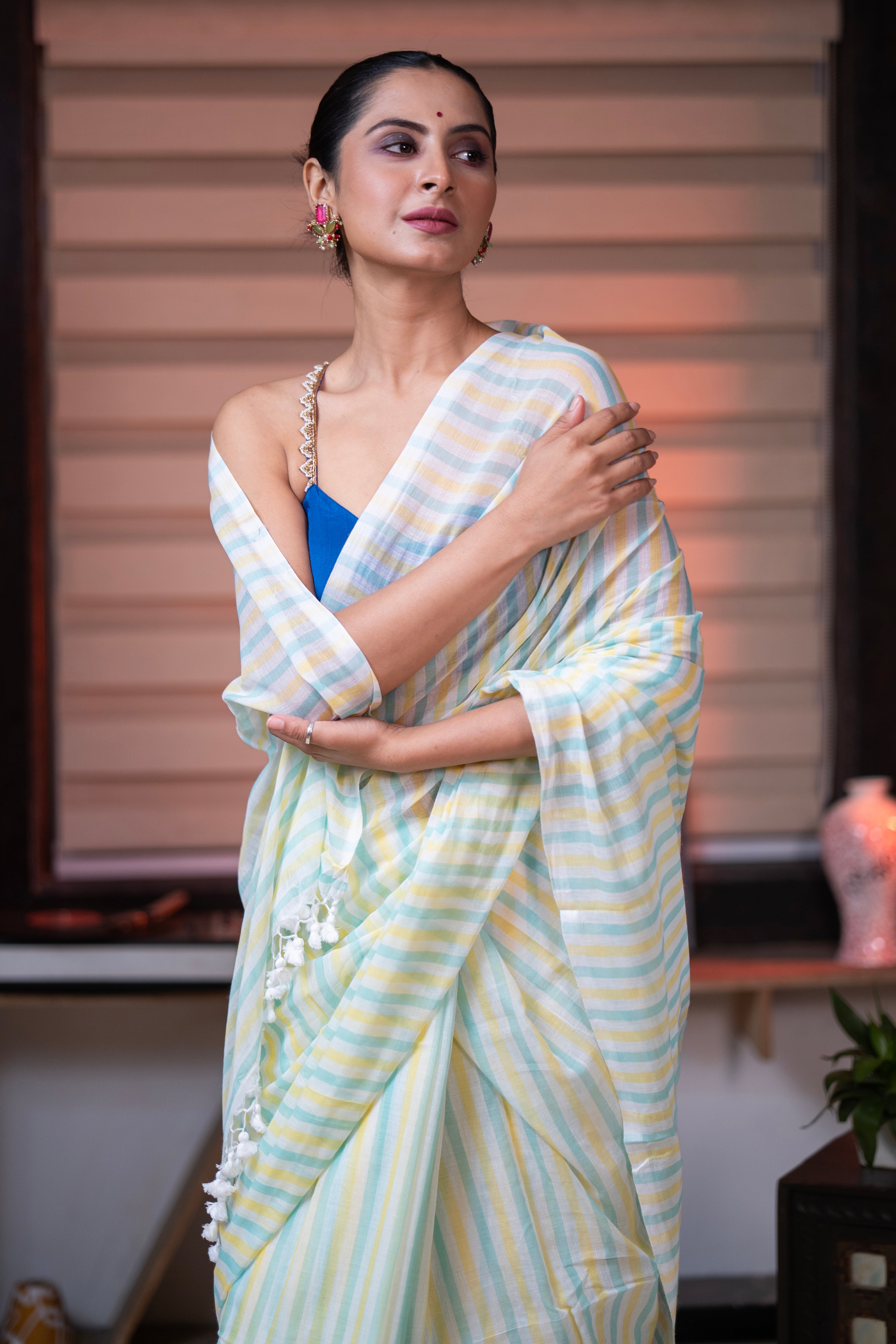 Yellow & Blue Multicolour Stripes Mul Mul Cotton Saree