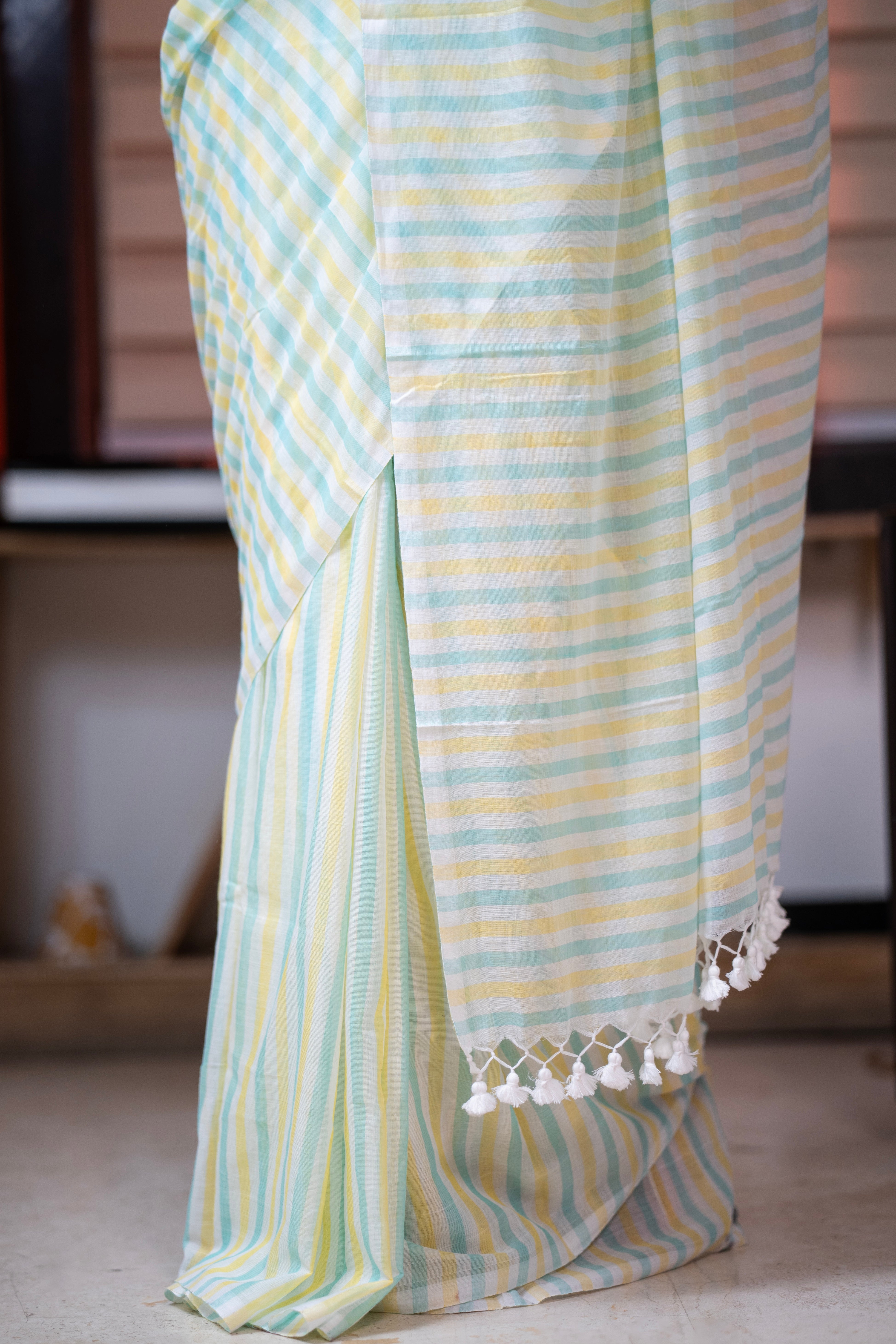 Yellow & Blue Multicolour Stripes Mul Mul Cotton Saree