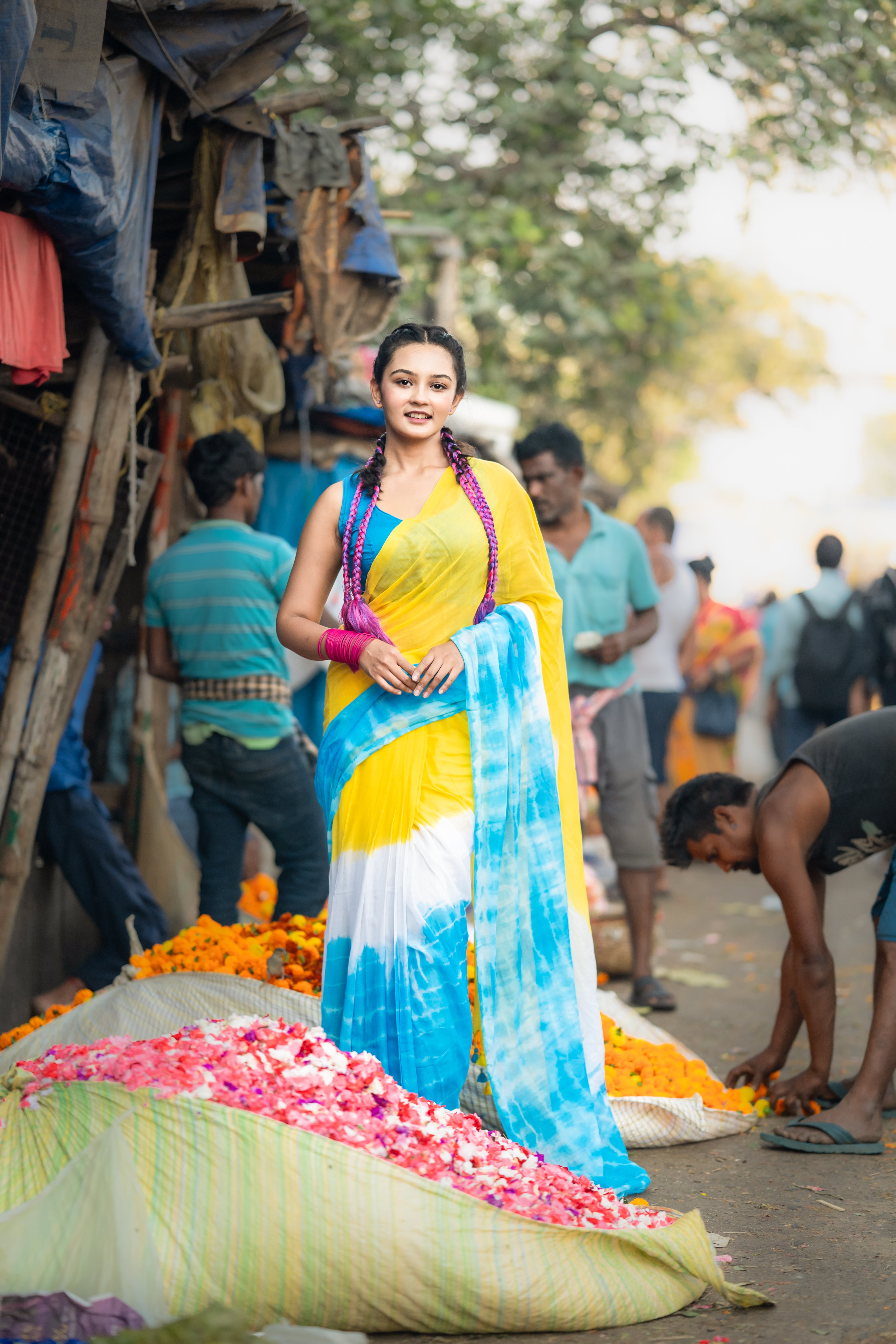 Yellow Multi Shibori Mul Mul Cotton Saree