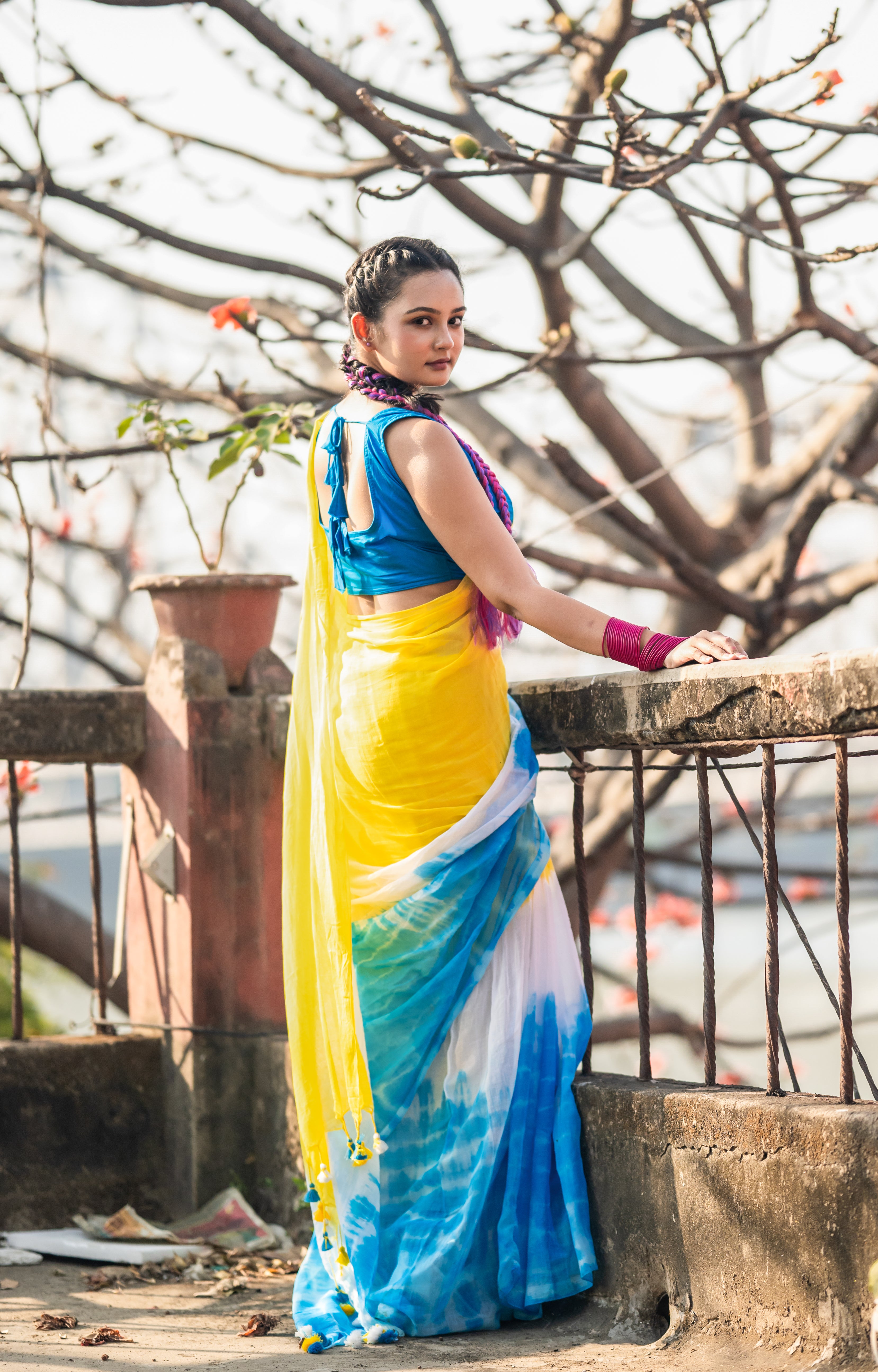 Yellow Multi Shibori Mul Mul Cotton Saree