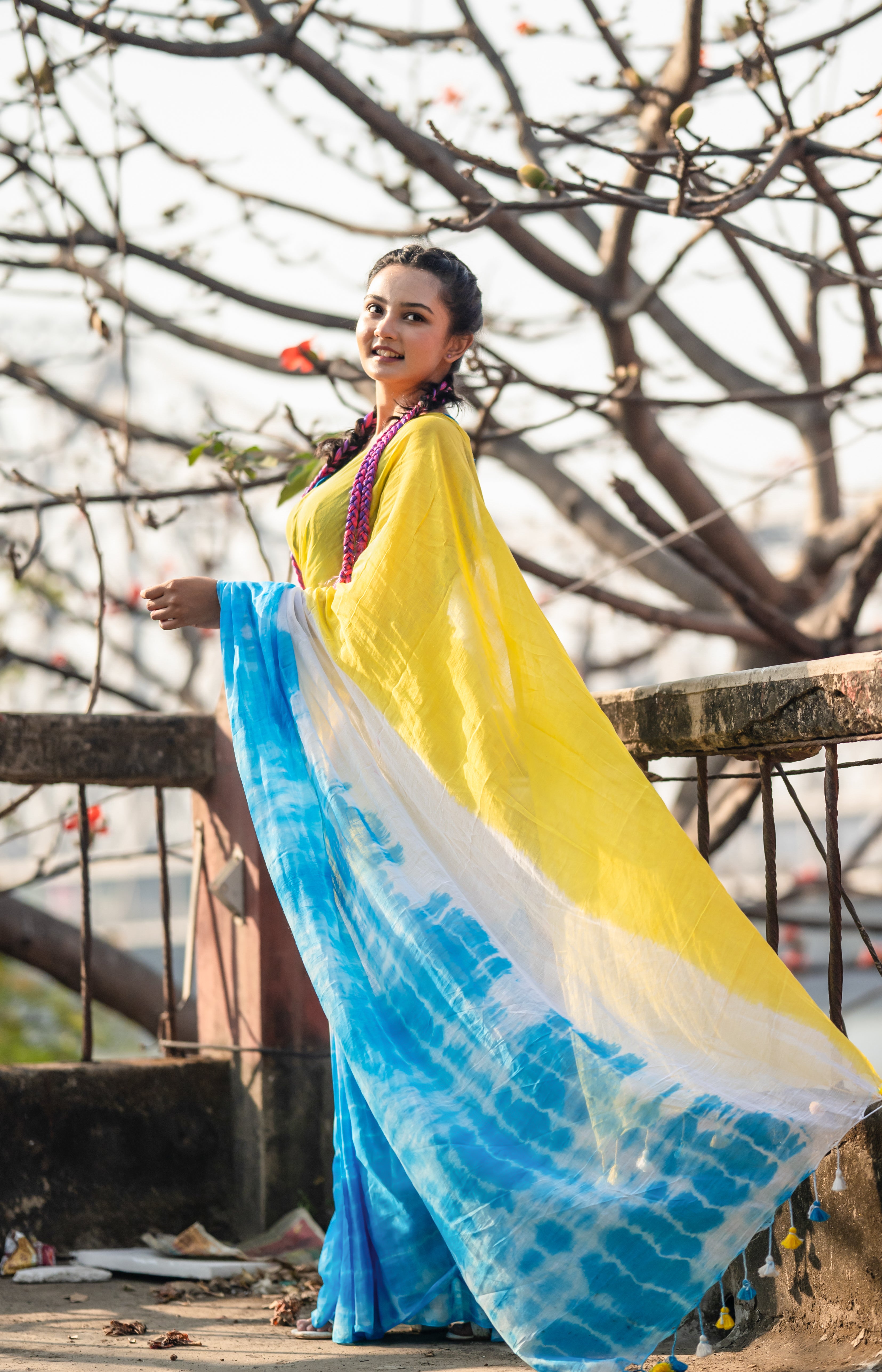 Yellow Multi Shibori Mul Mul Cotton Saree