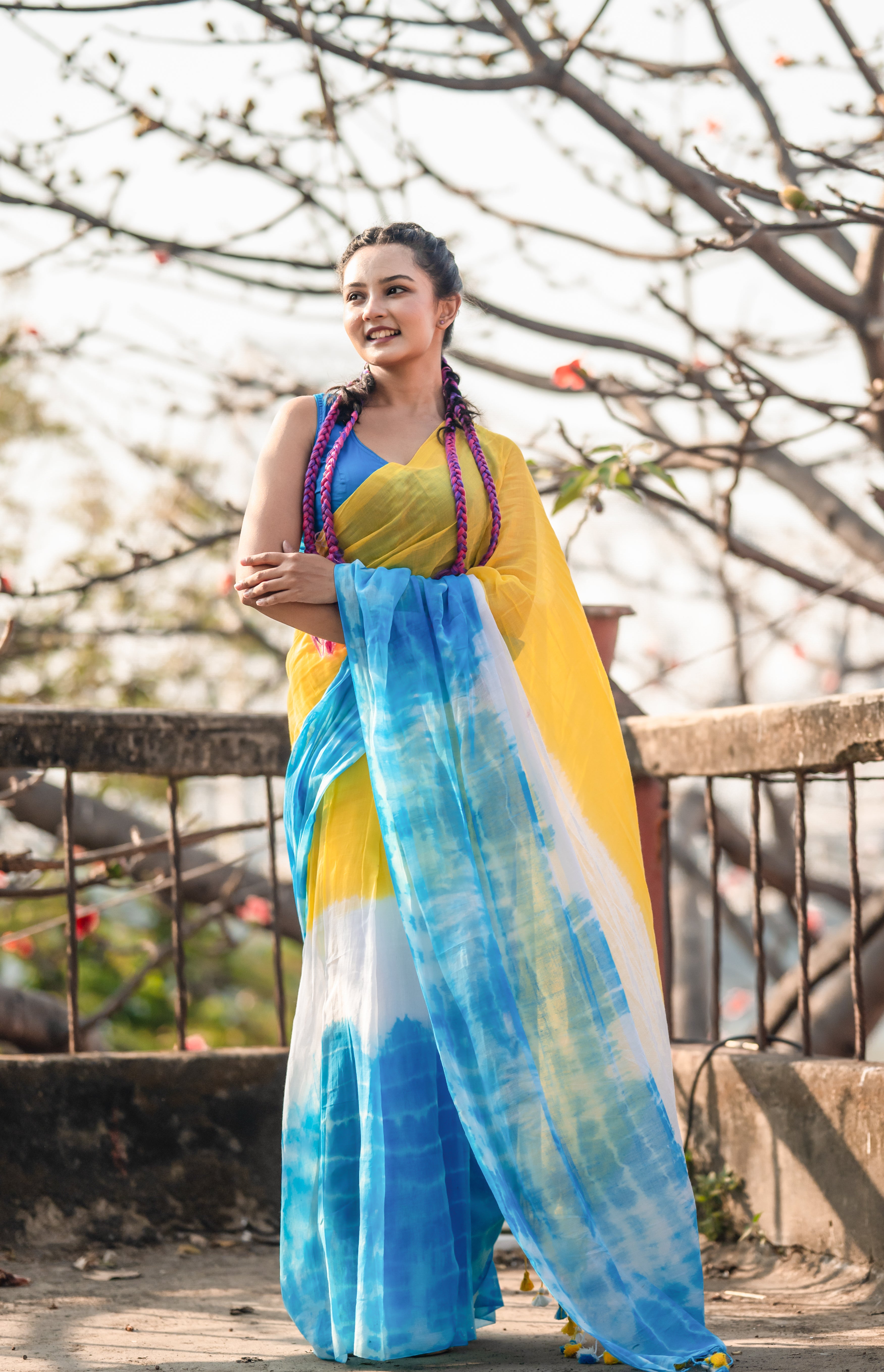 Yellow Multi Shibori Mul Mul Cotton Saree