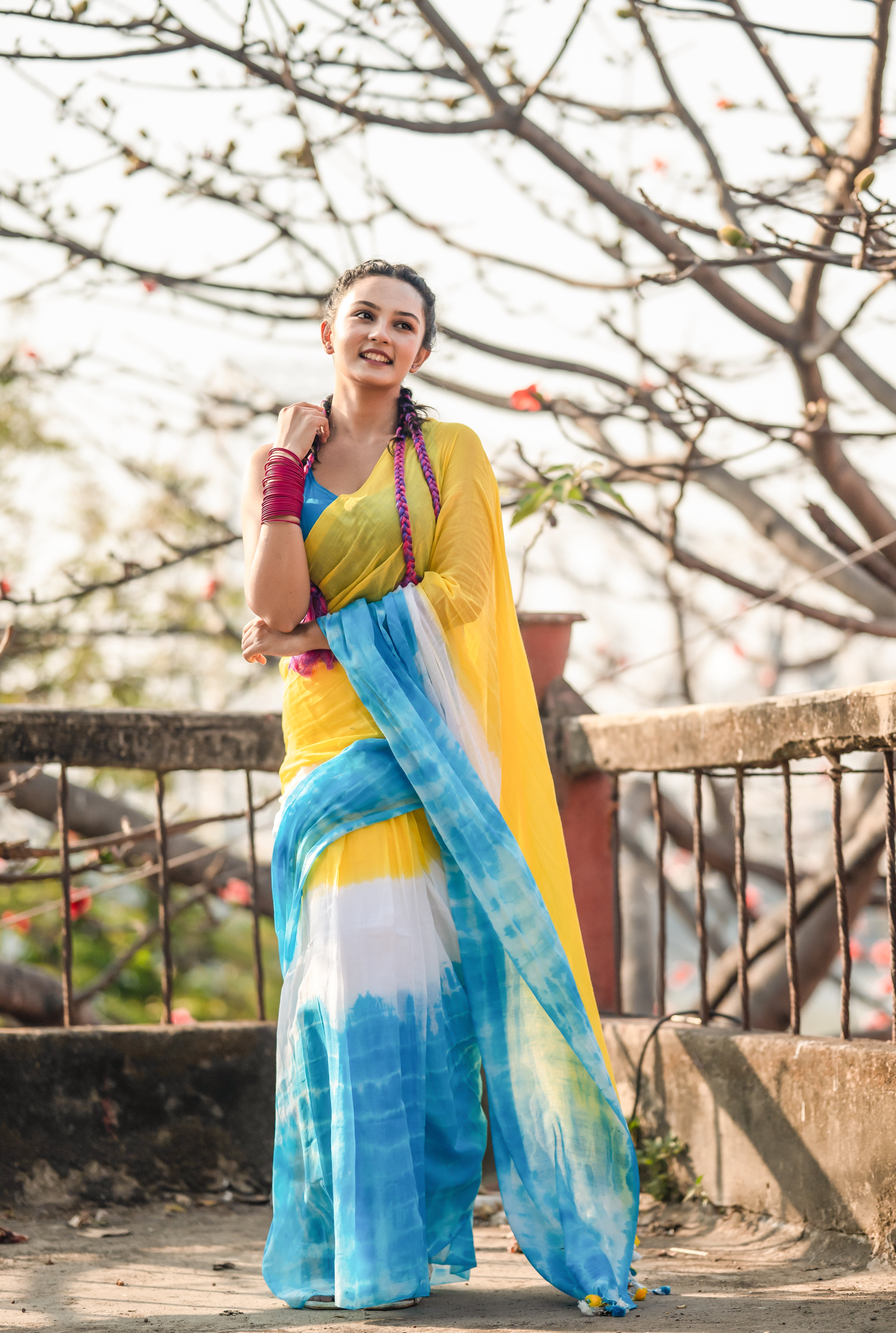 Yellow Multi Shibori Mul Mul Cotton Saree