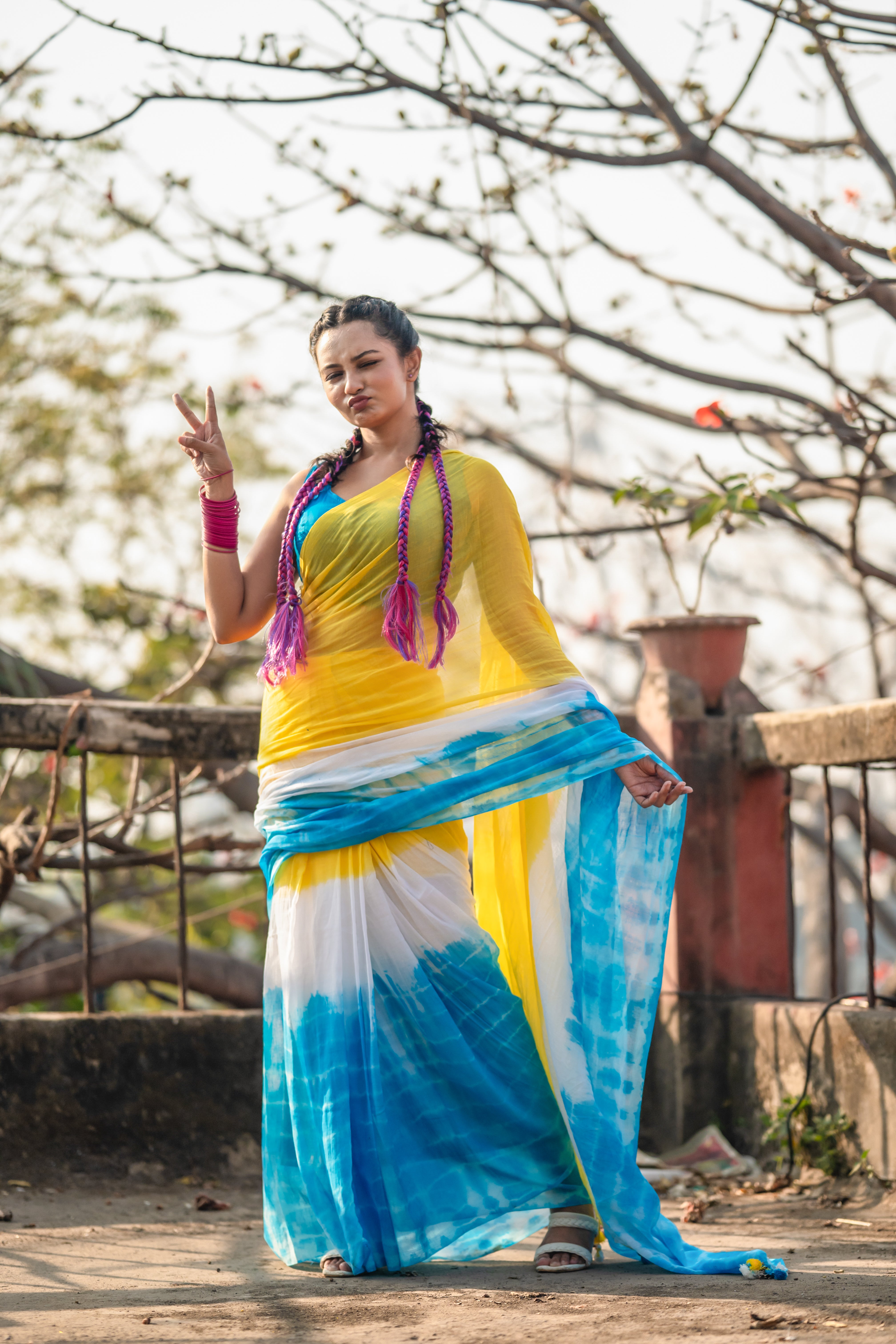 Yellow Multi Shibori Mul Mul Cotton Saree