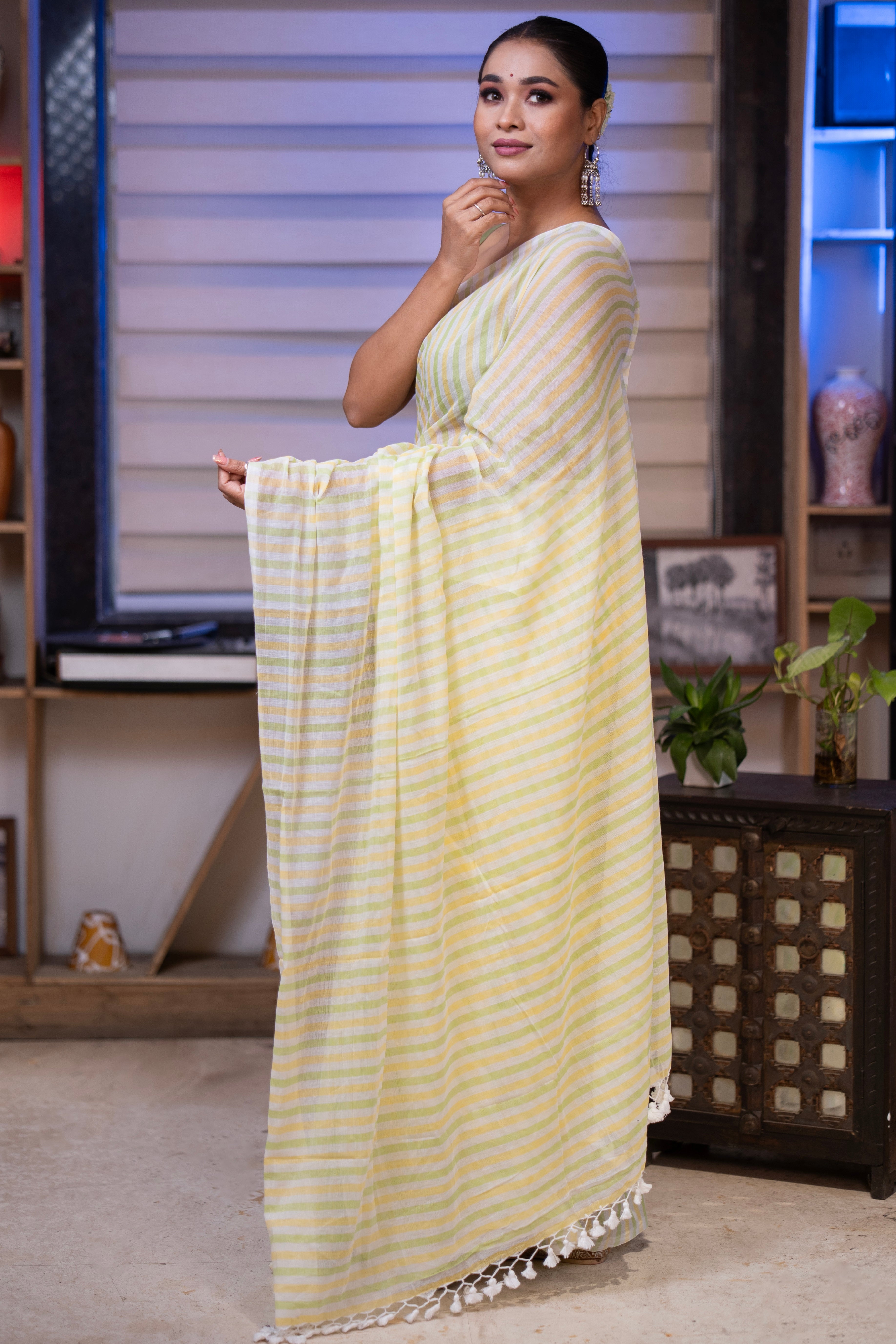 Yellow & Green Multicolour Stripes Mul Mul Cotton Saree