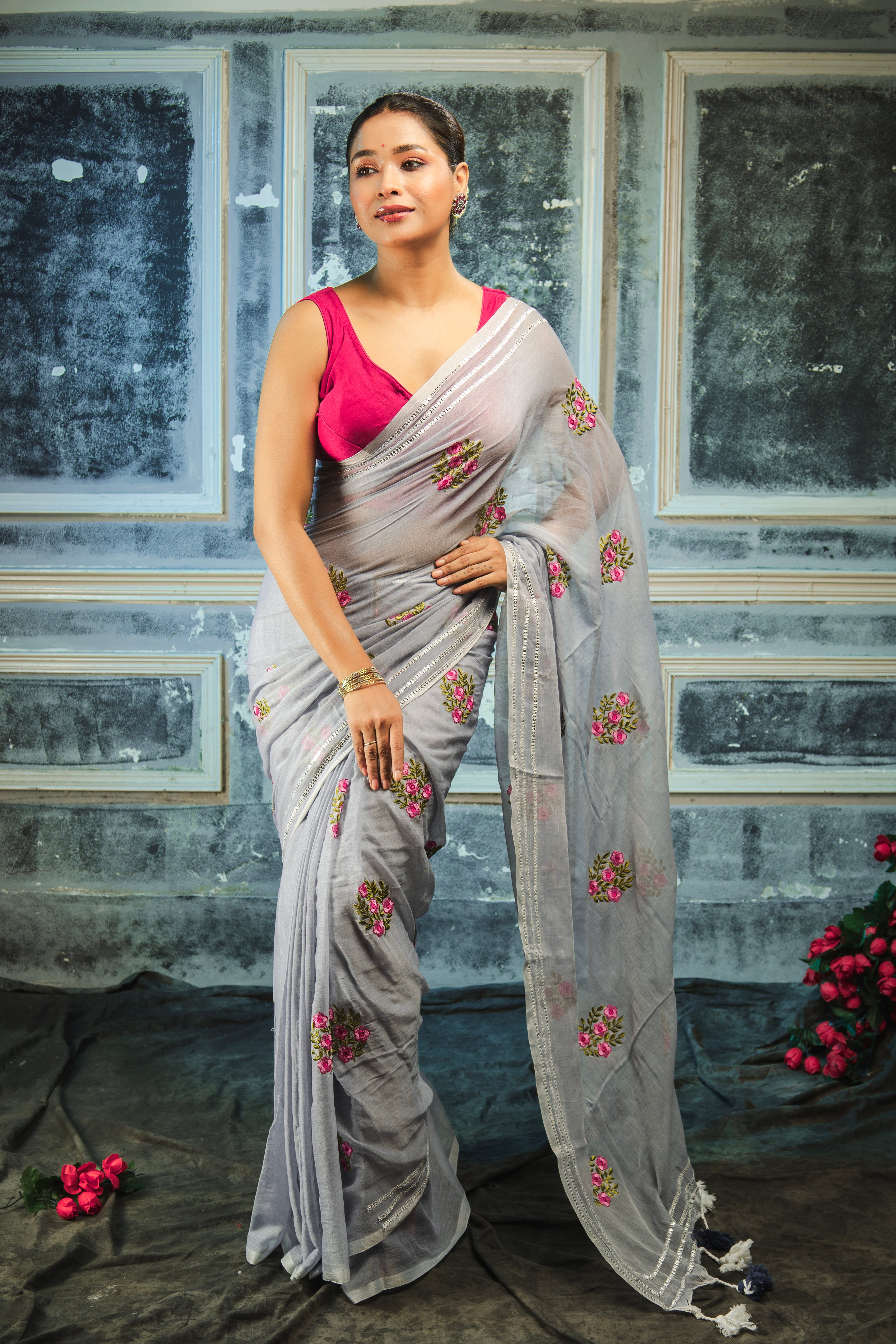 Lavanya Grey Blue Mul Mul Cotton Saree with Embroidery
