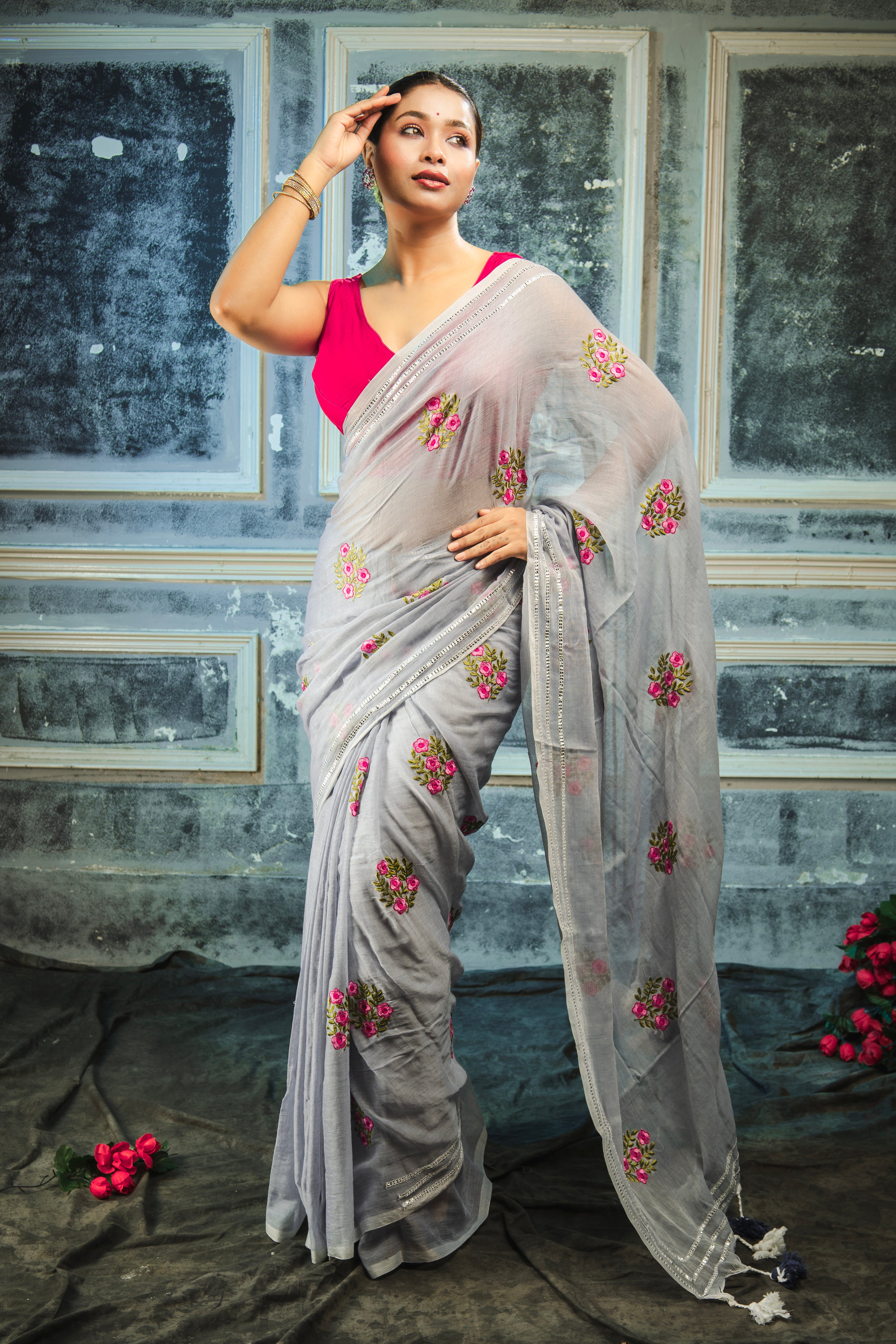 Lavanya Grey Blue Mul Mul Cotton Saree with Embroidery