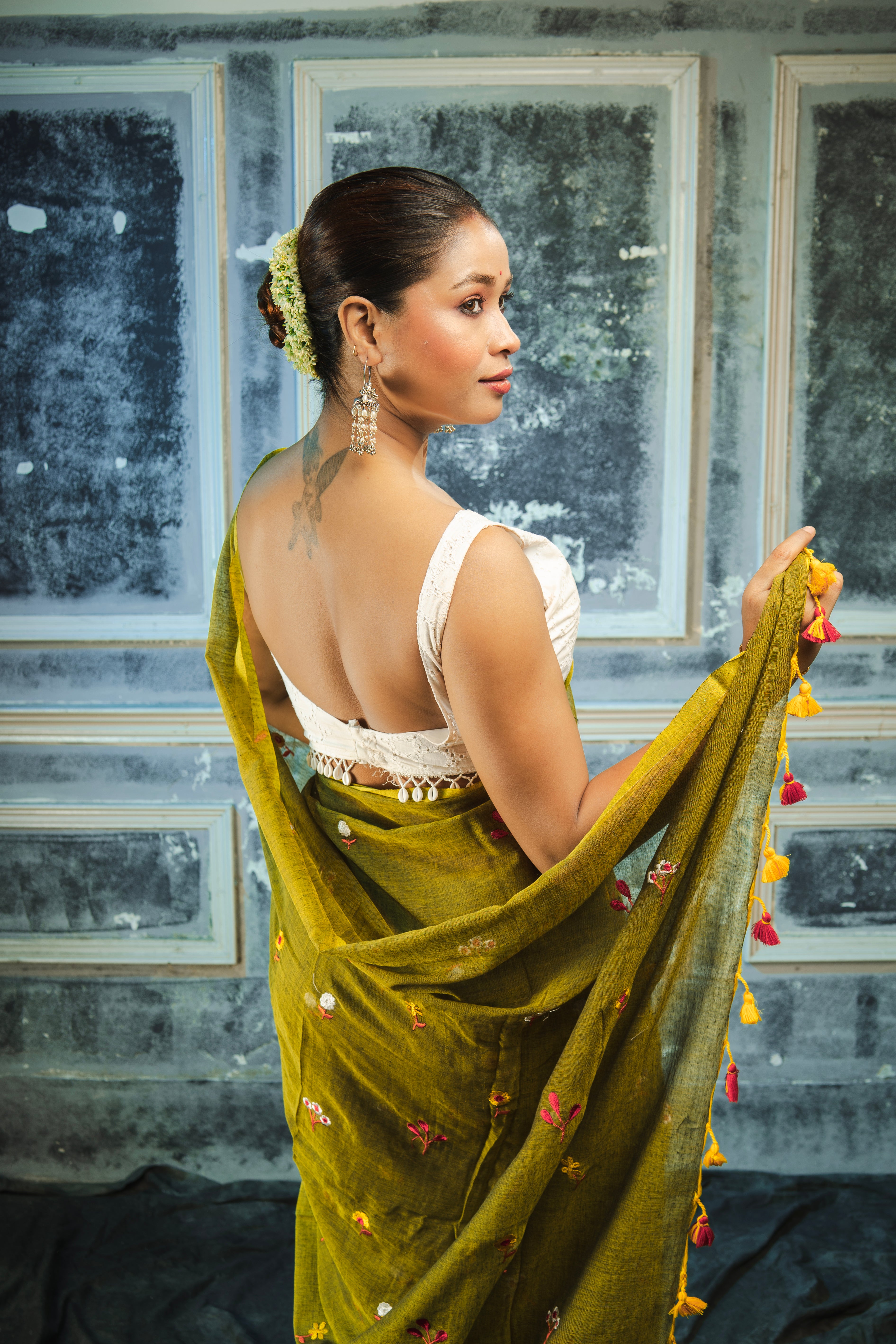 Olive Embroidered Mul Mul Cotton