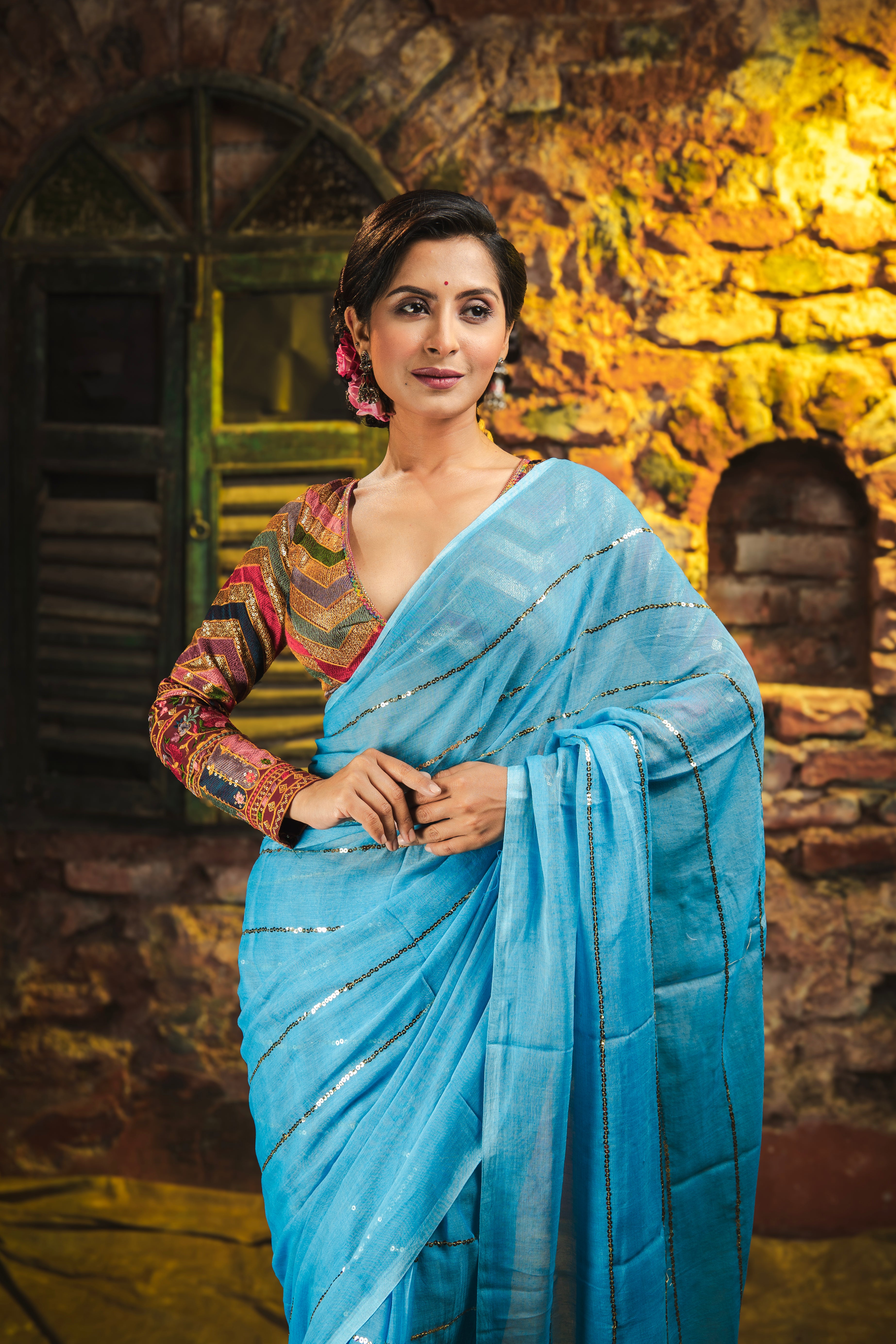 Dark Blue Mulmul Cotton Saree All Over Sequence Work