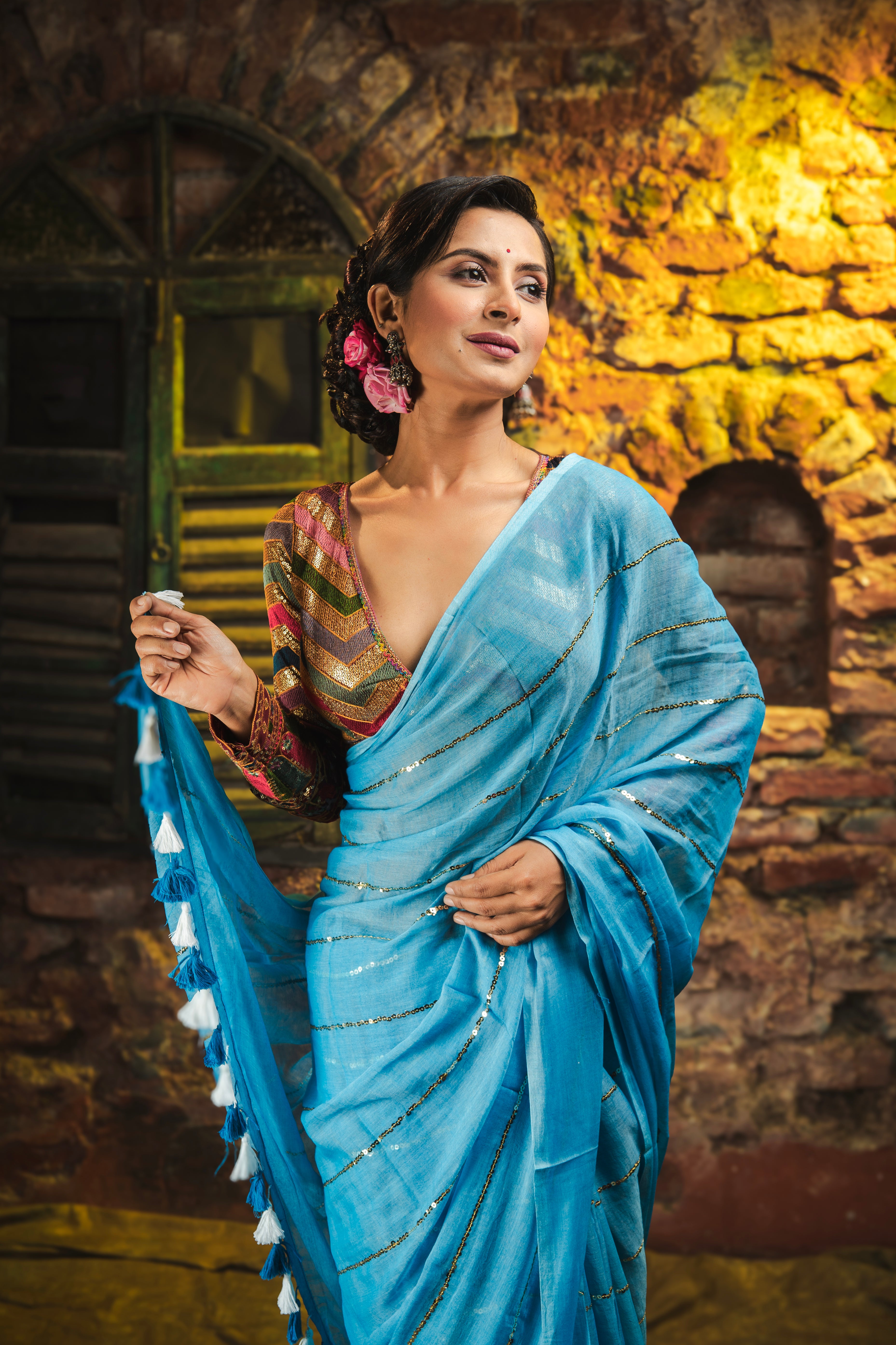 Dark Blue Mulmul Cotton Saree All Over Sequence Work