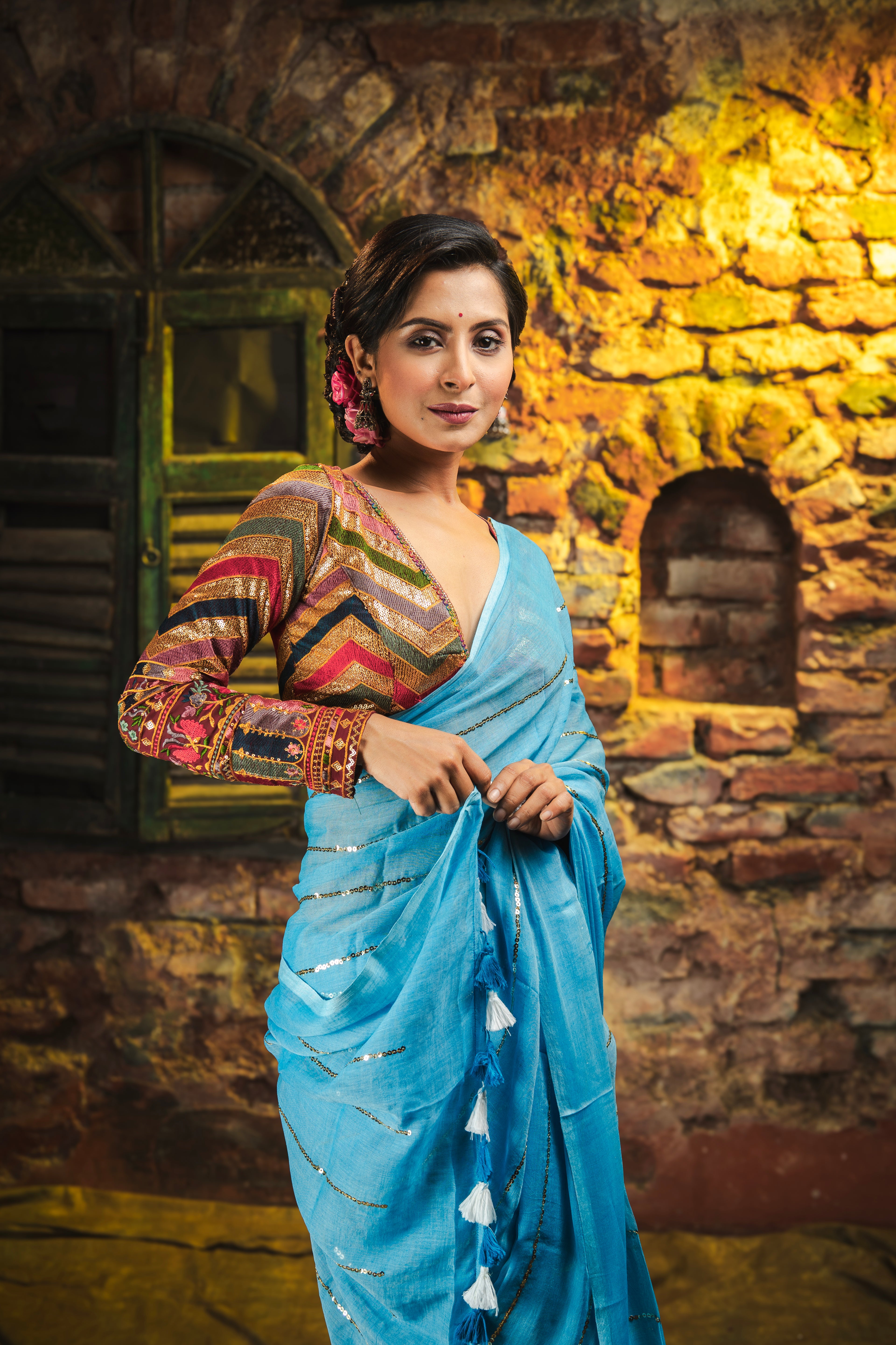 Dark Blue Mulmul Cotton Saree All Over Sequence Work