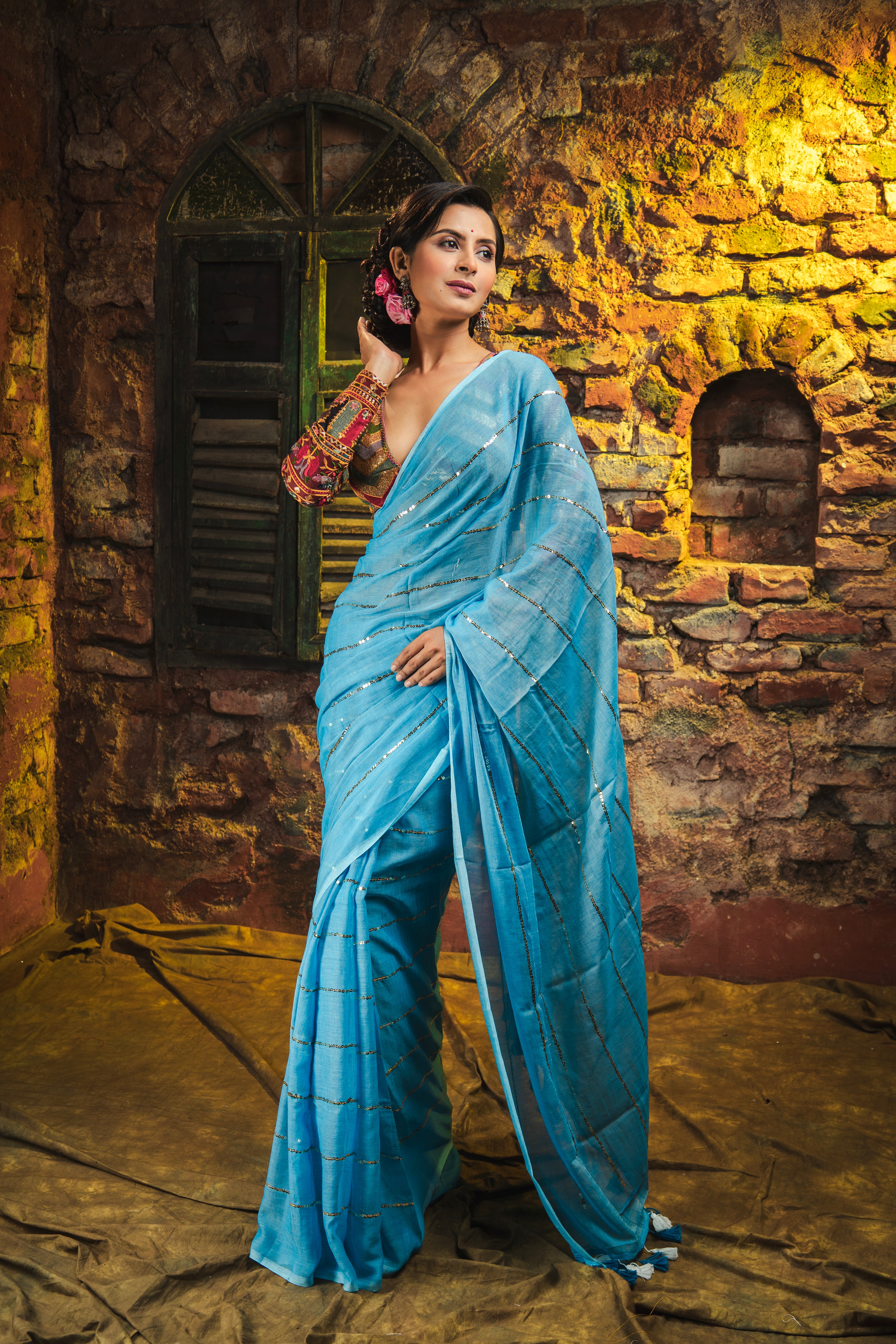 Dark Blue Mulmul Cotton Saree All Over Sequence Work