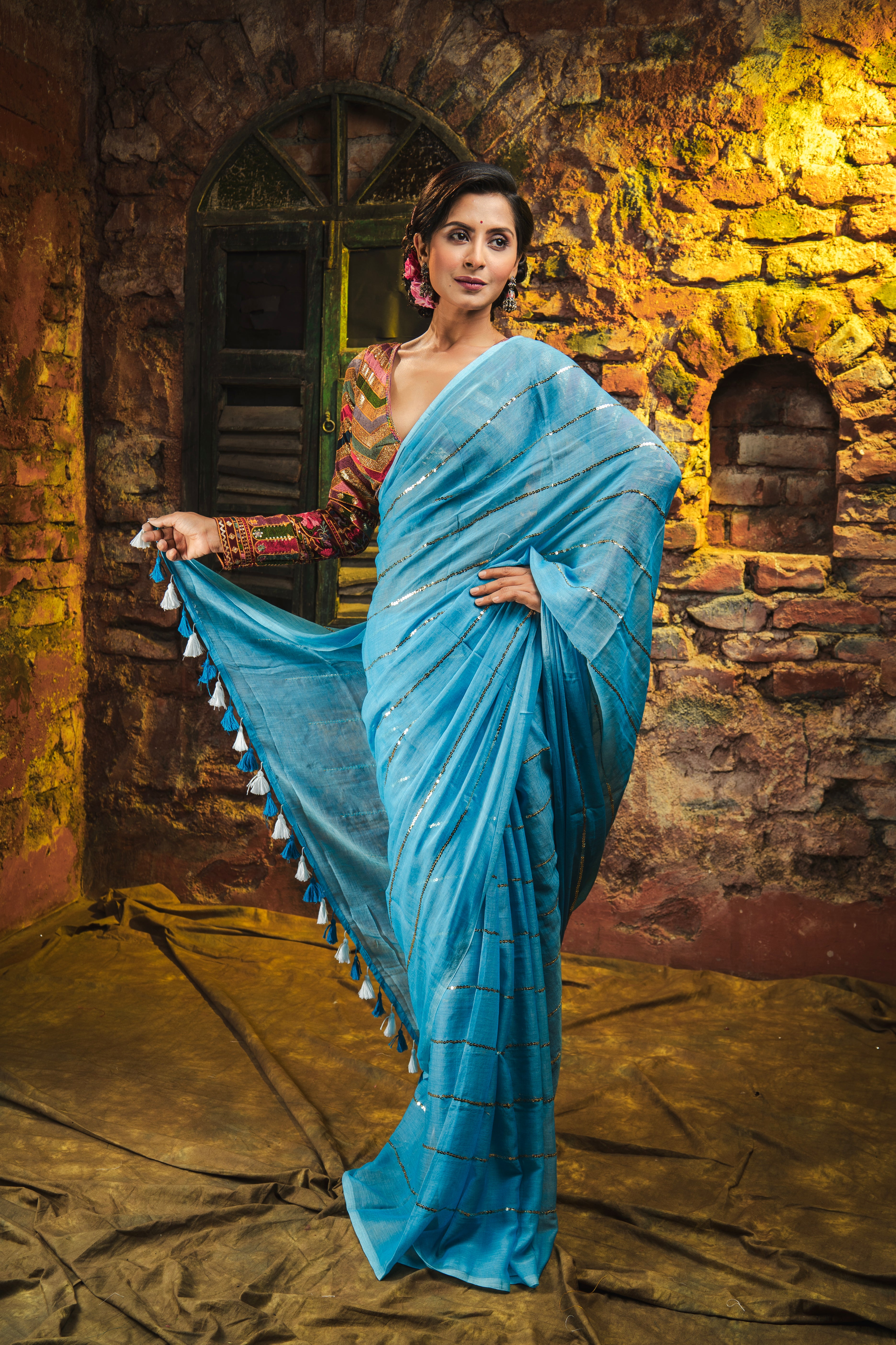 Dark Blue Mulmul Cotton Saree All Over Sequence Work