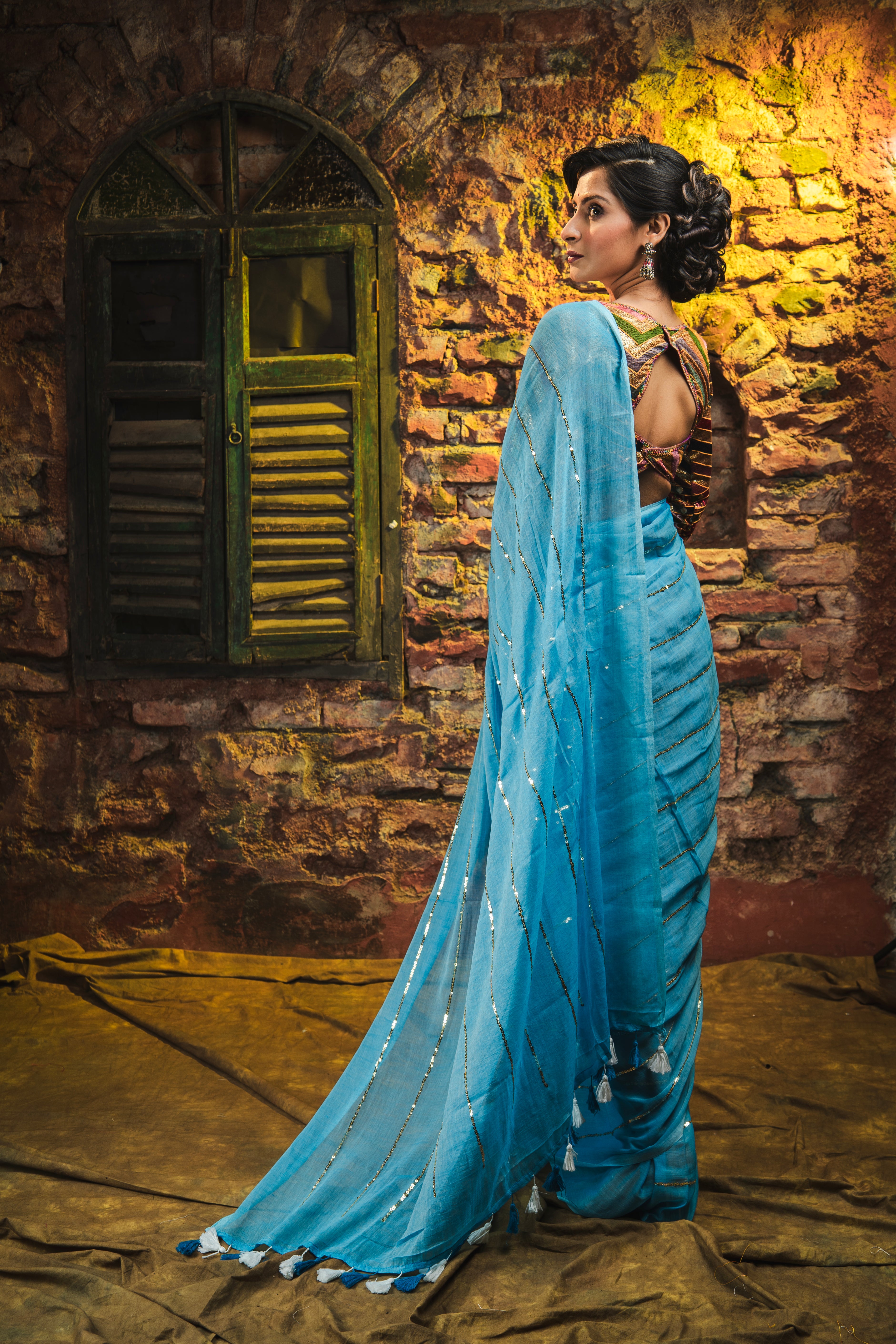 Dark Blue Mulmul Cotton Saree All Over Sequence Work