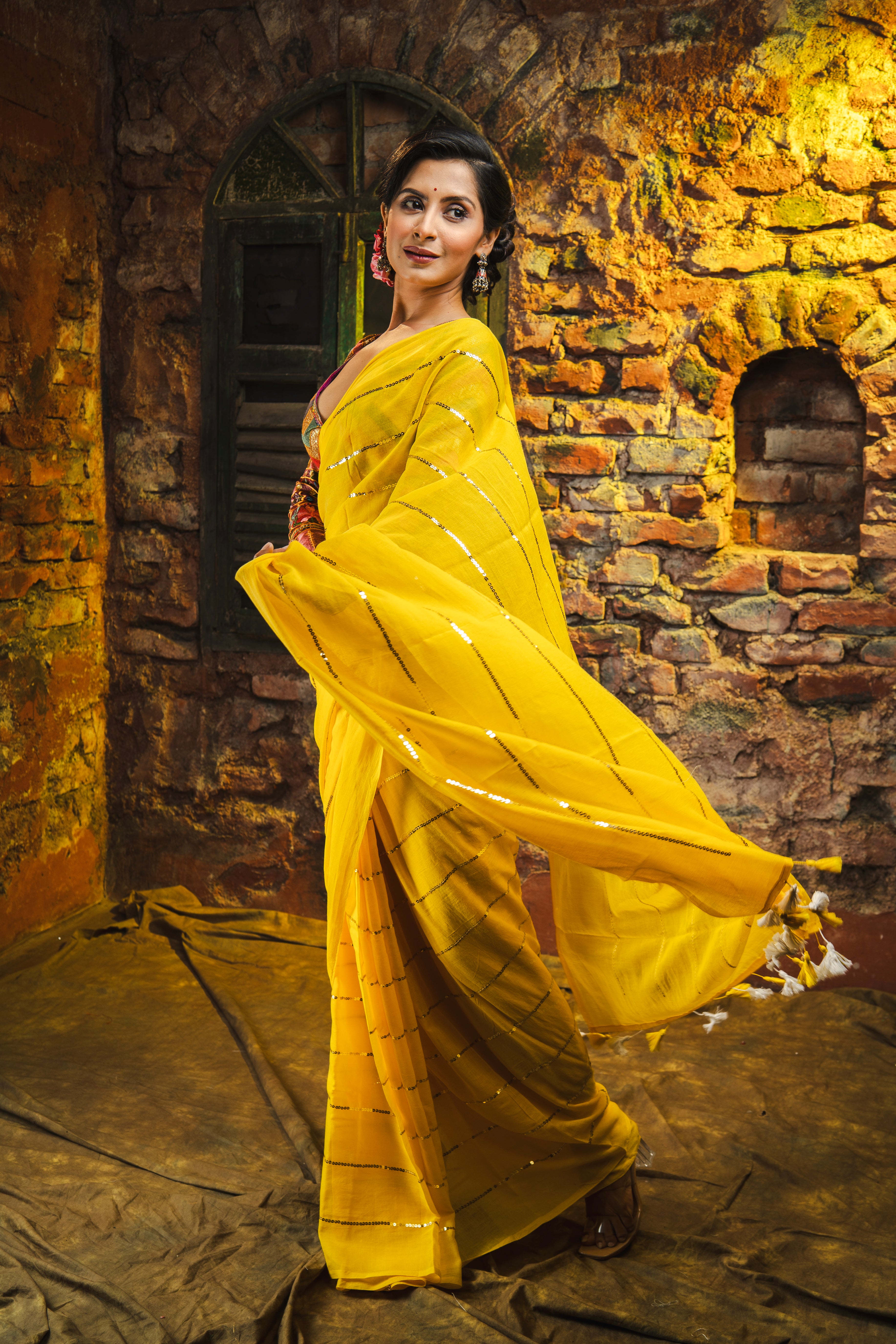 Yellow Mulmul Cotton Saree All Over Sequence Work