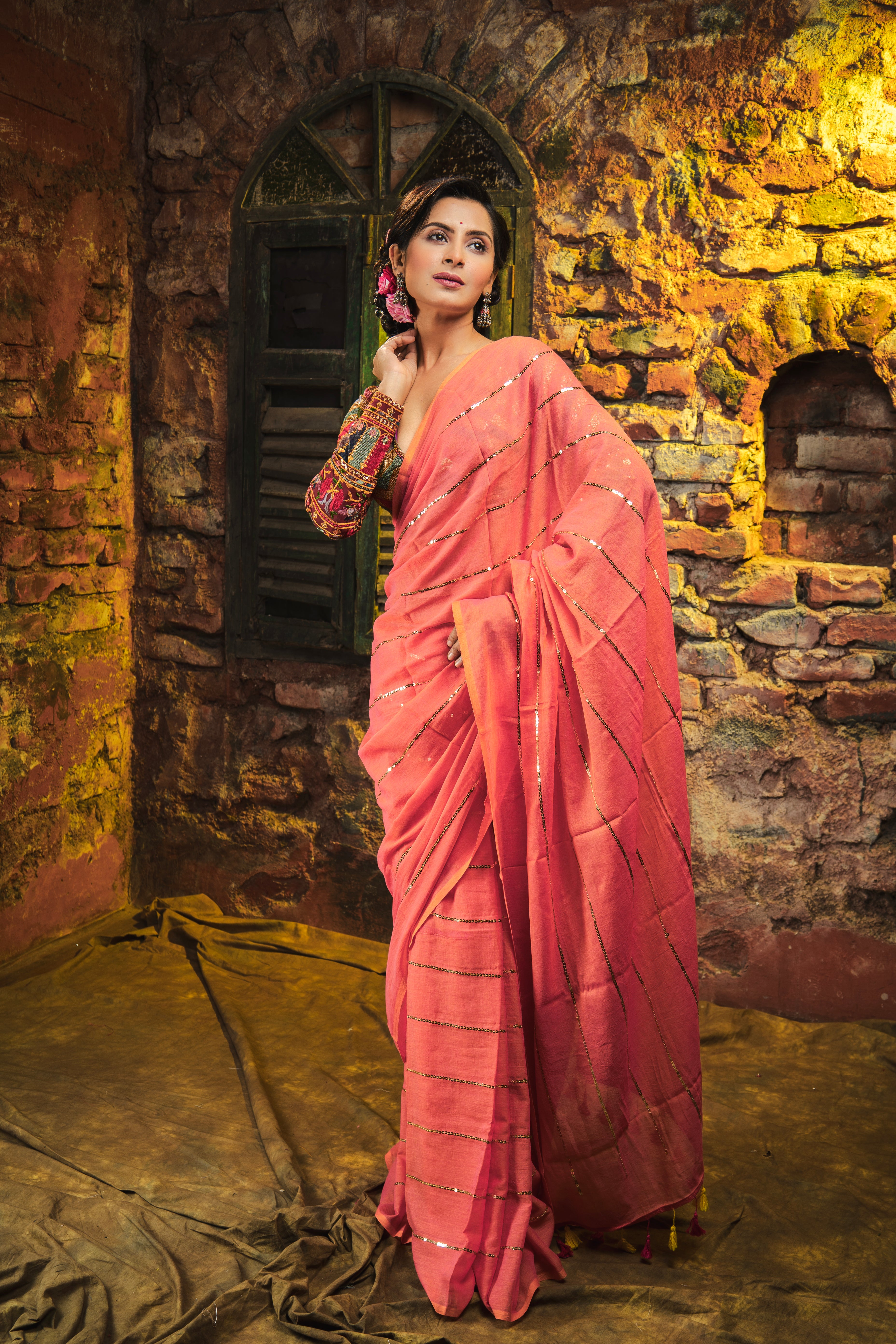 Peach Mulmul Cotton Saree All Over Sequence Work