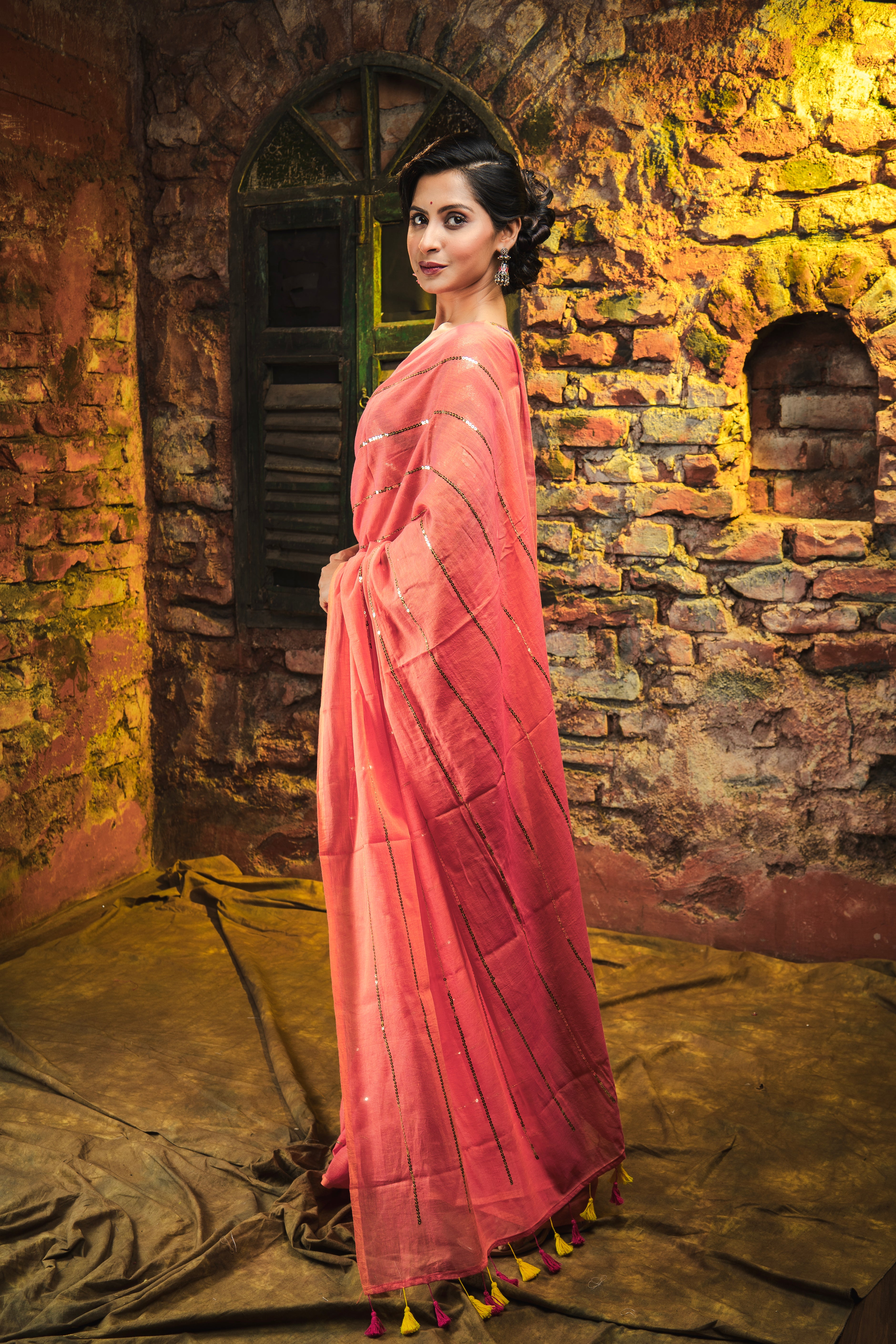 Peach Mulmul Cotton Saree All Over Sequence Work