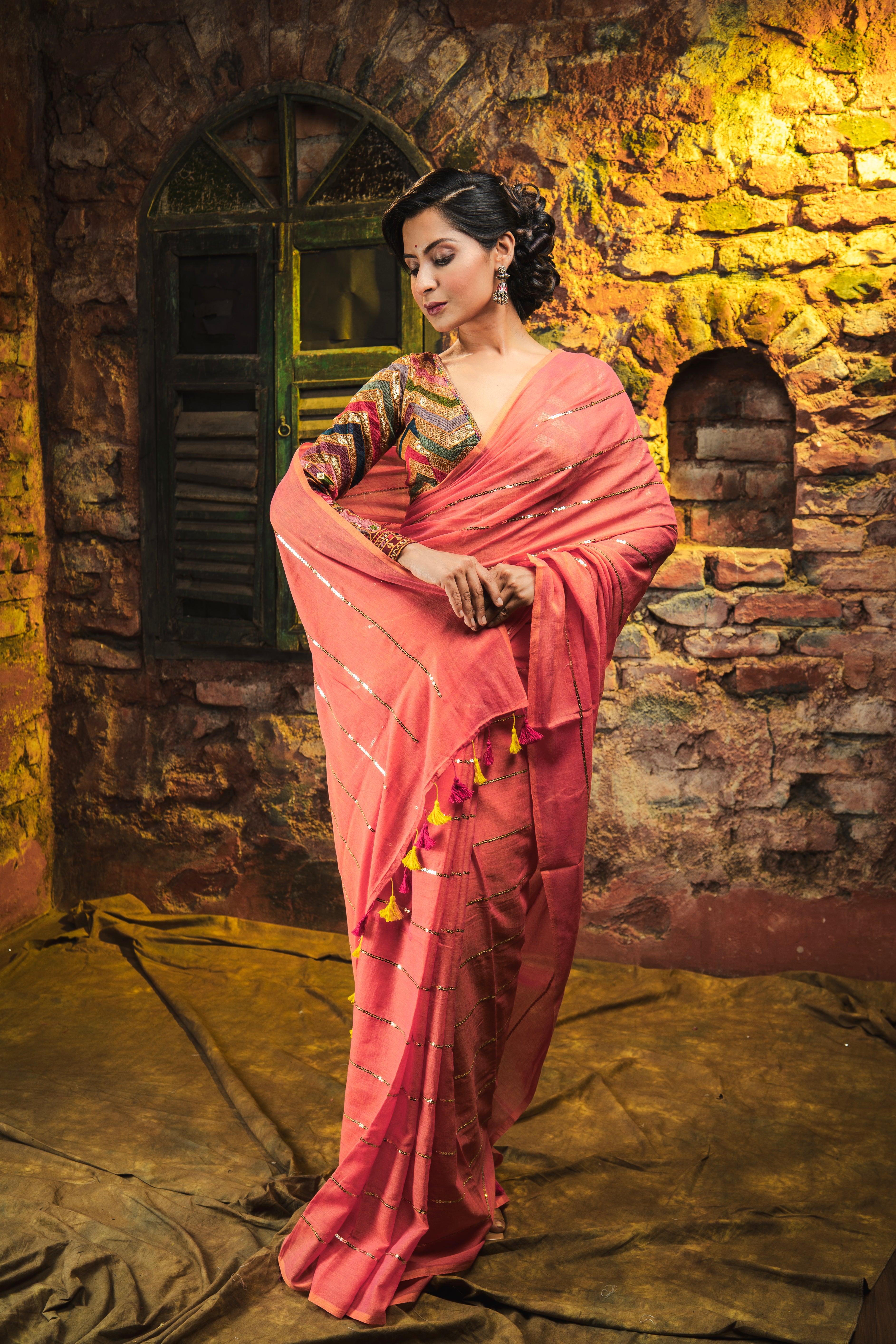 Peach Mulmul Cotton Saree All Over Sequence Work