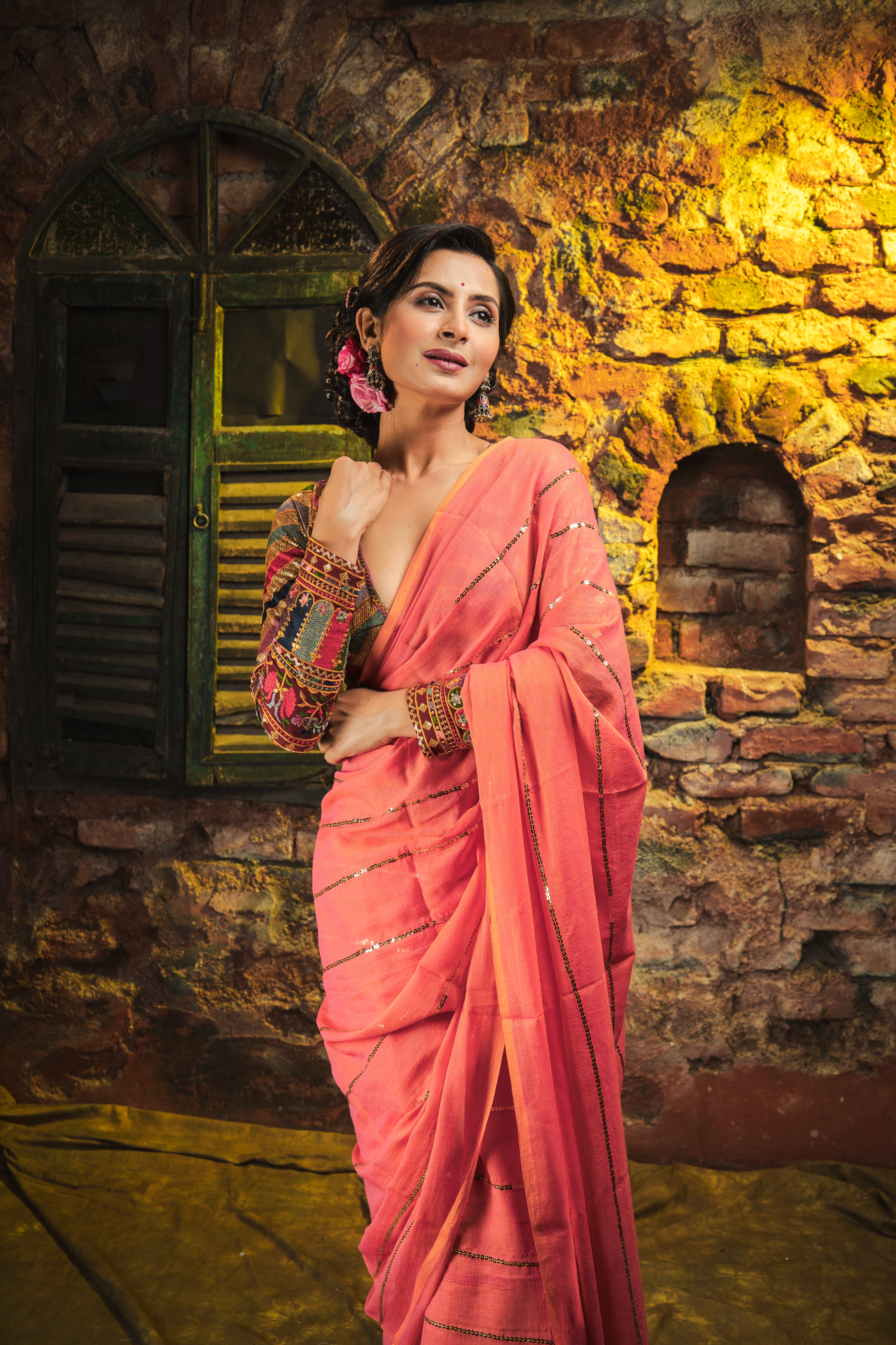 Peach Mulmul Cotton Saree All Over Sequence Work