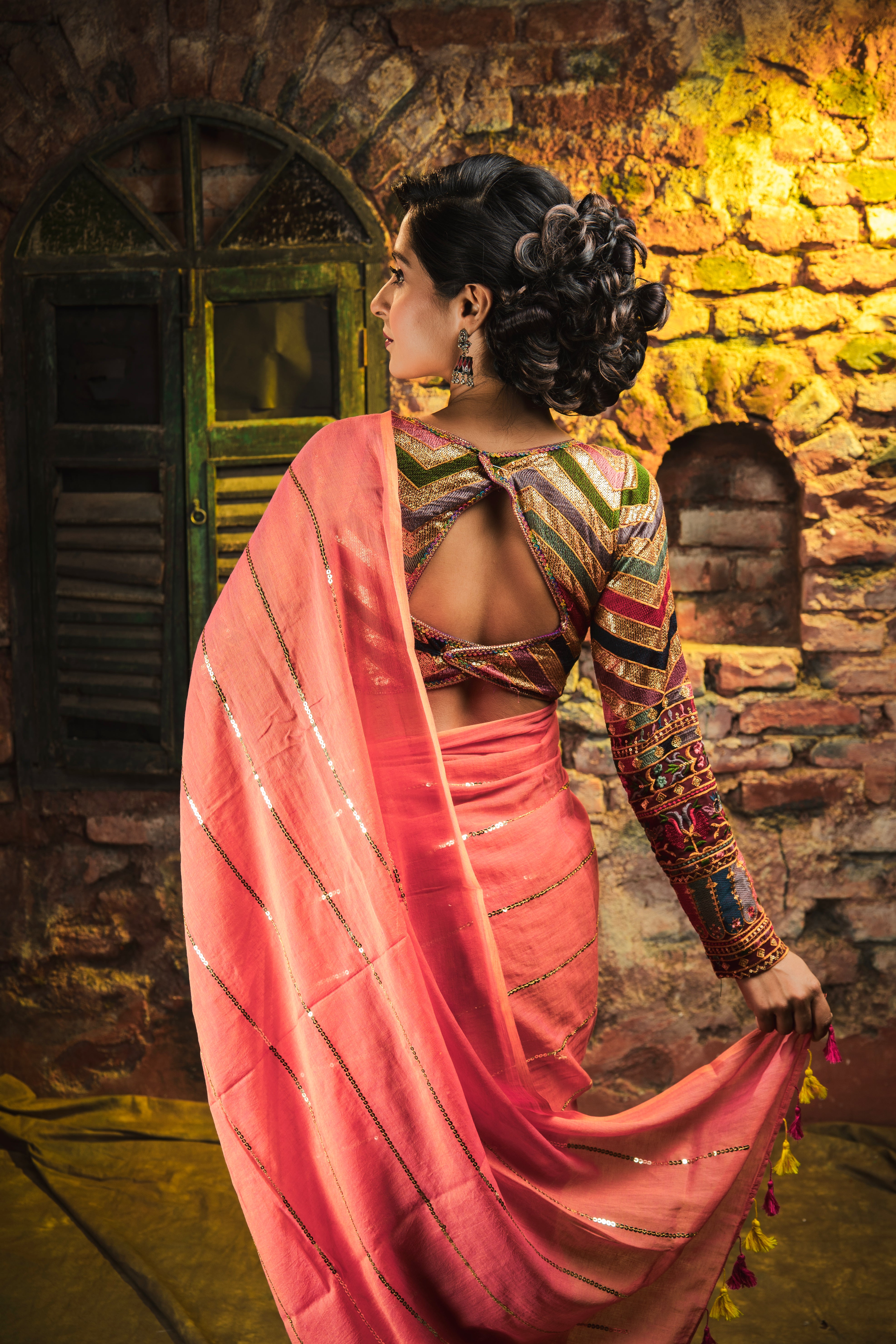 Peach Mulmul Cotton Saree All Over Sequence Work