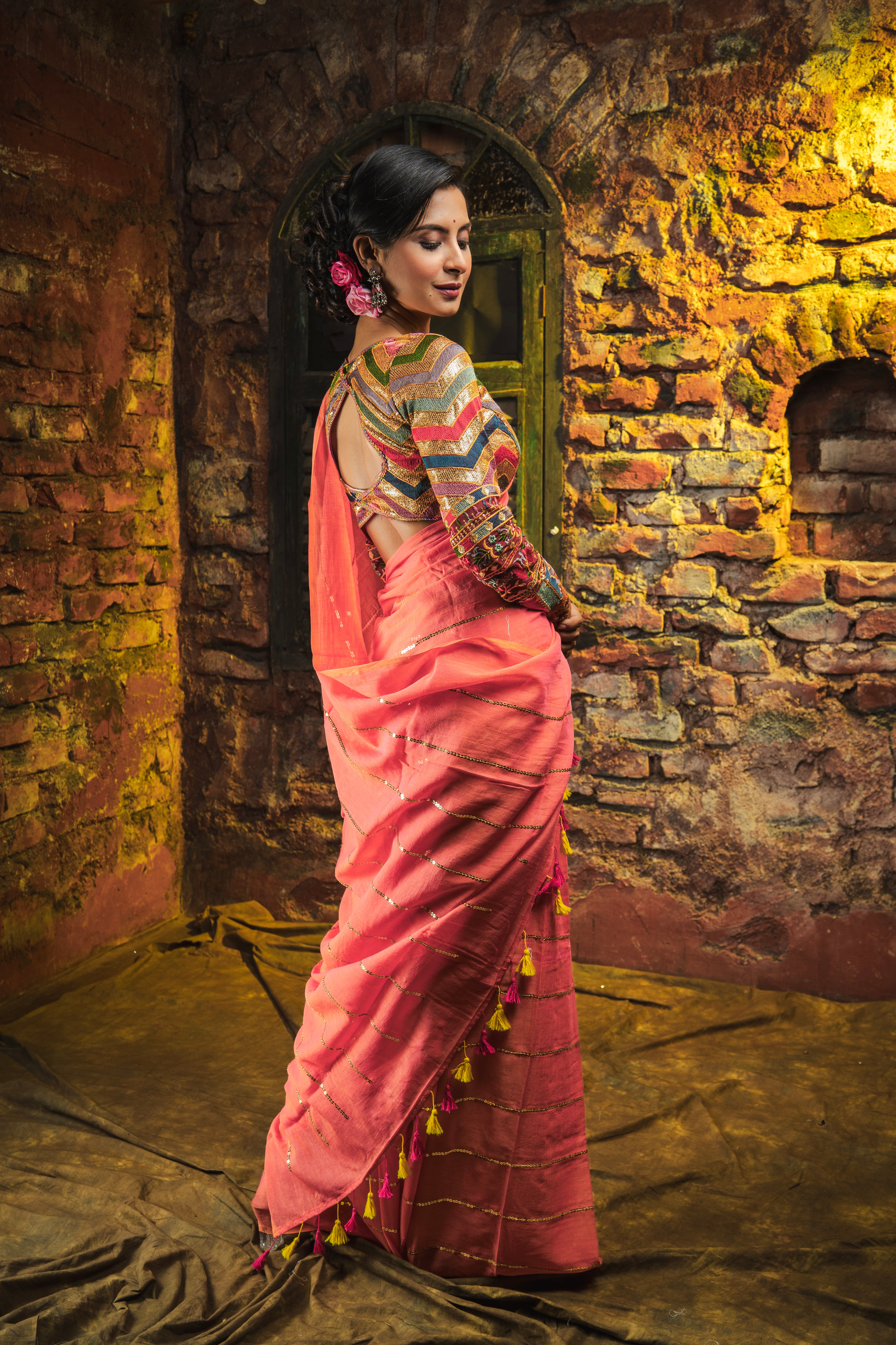 Peach Mulmul Cotton Saree All Over Sequence Work