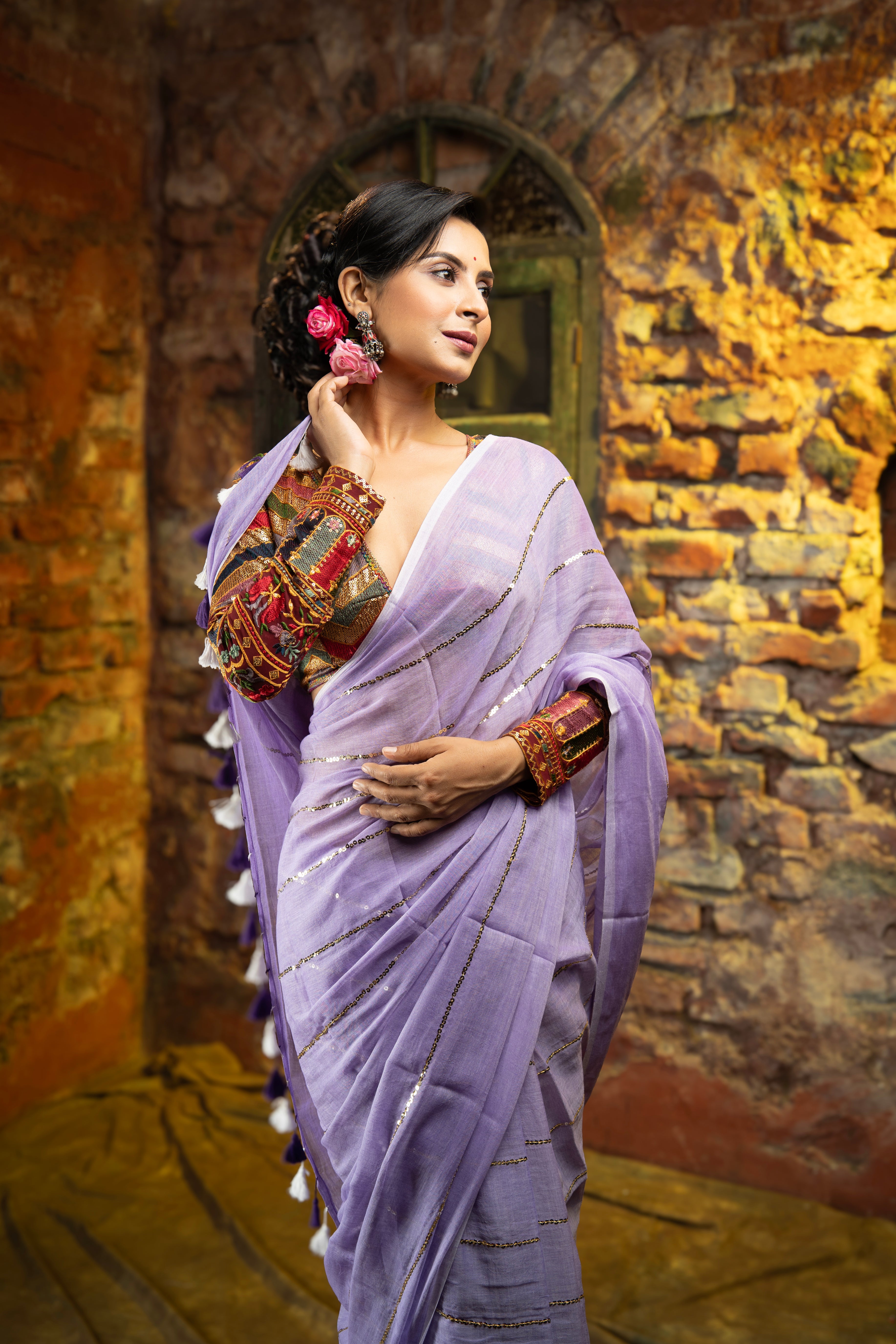 Lavender Mulmul Cotton Saree All Over Sequence Work