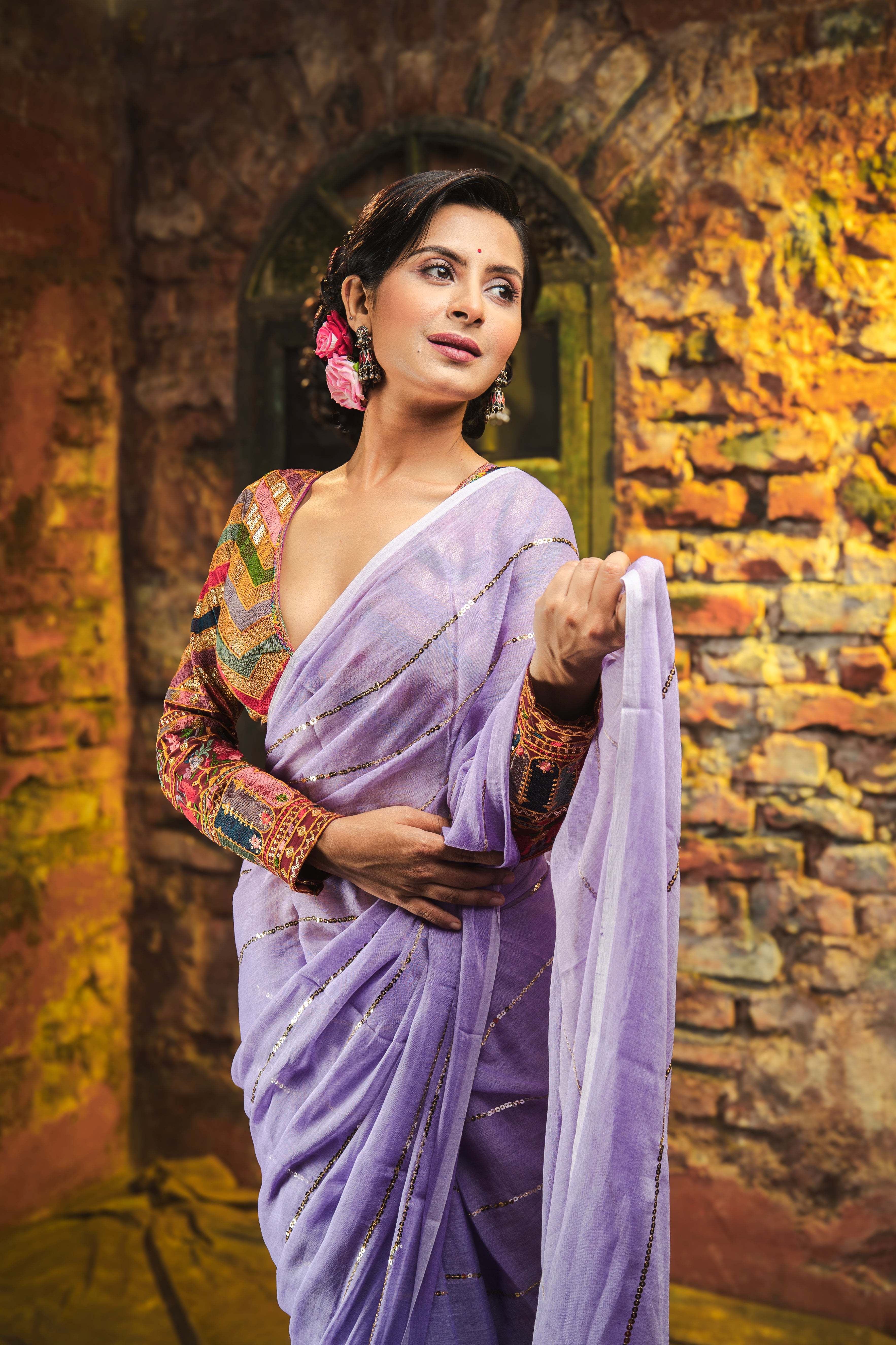 Lavender Mulmul Cotton Saree All Over Sequence Work