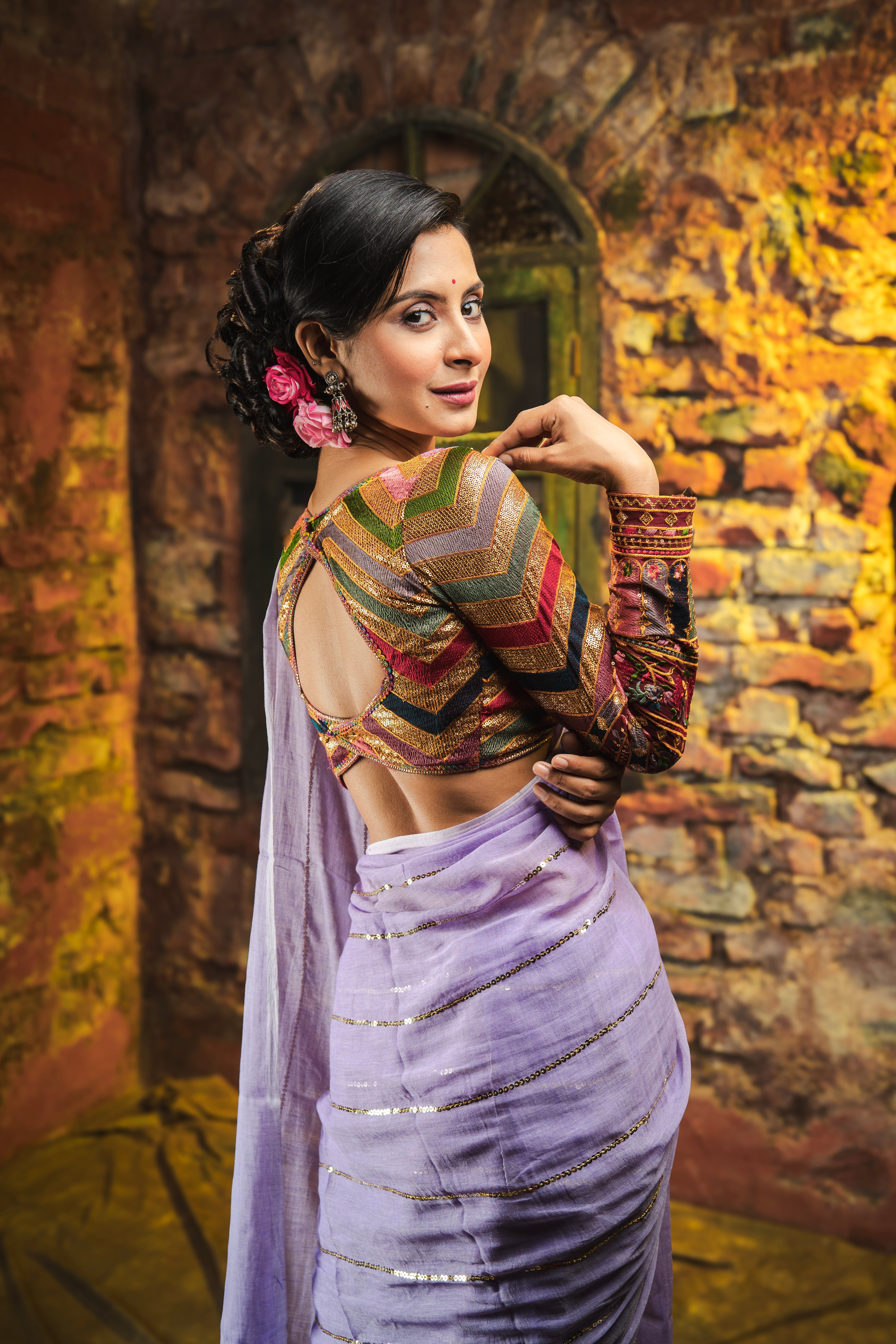 Lavender Mulmul Cotton Saree All Over Sequence Work