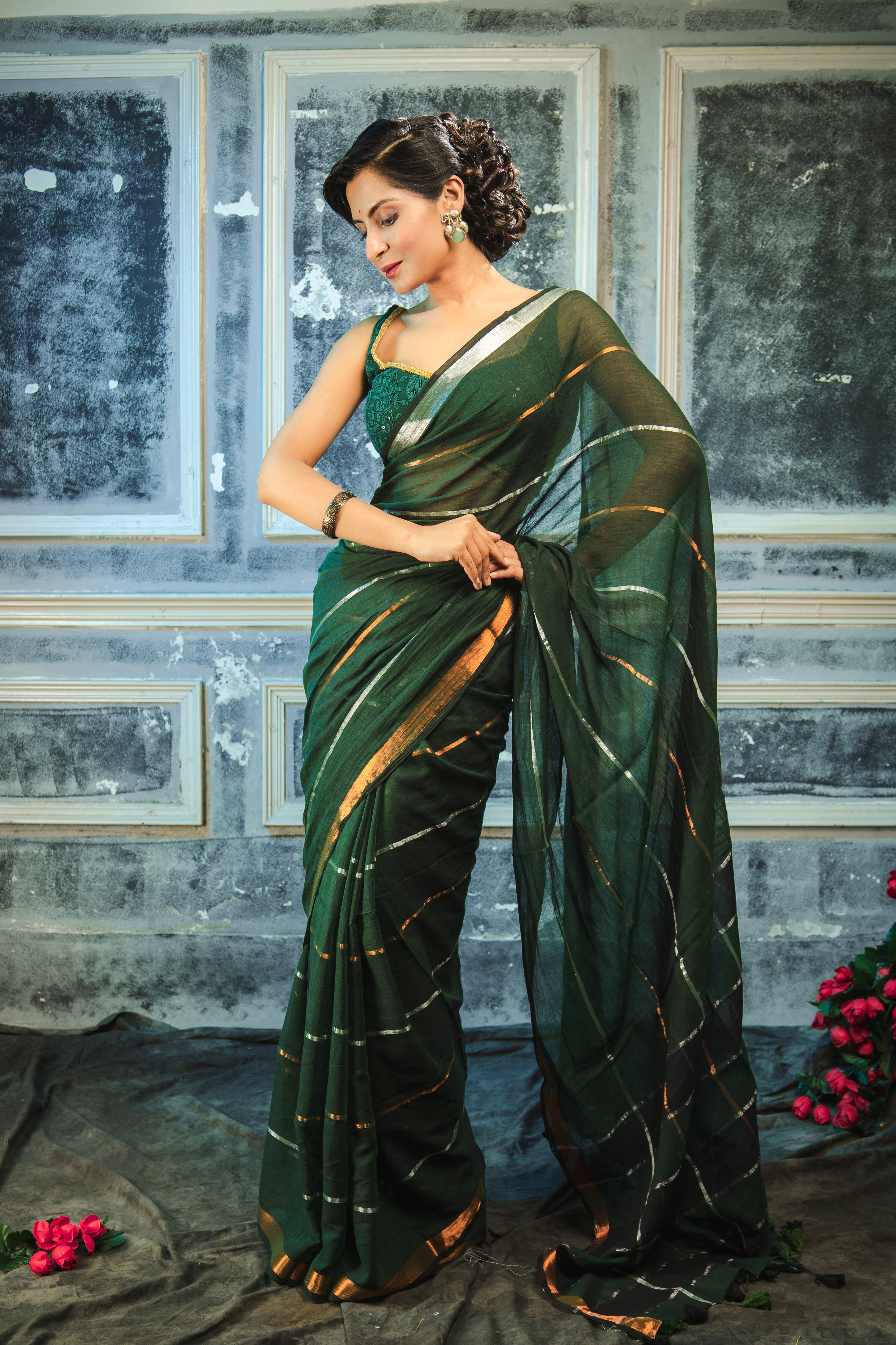 Dark Green Striped Mul Mul Cotton Saree