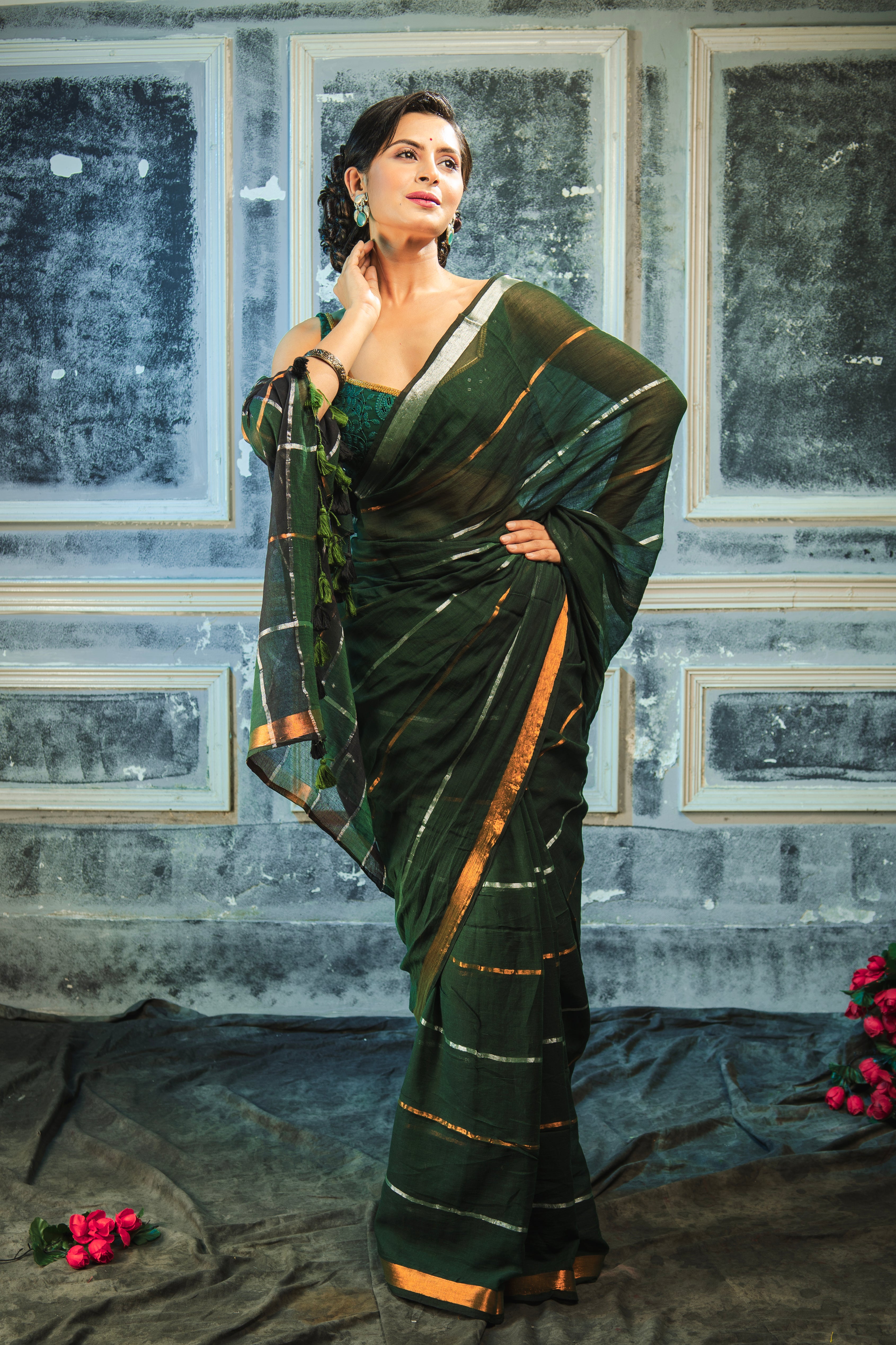 Dark Green Striped Mul Mul Cotton Saree