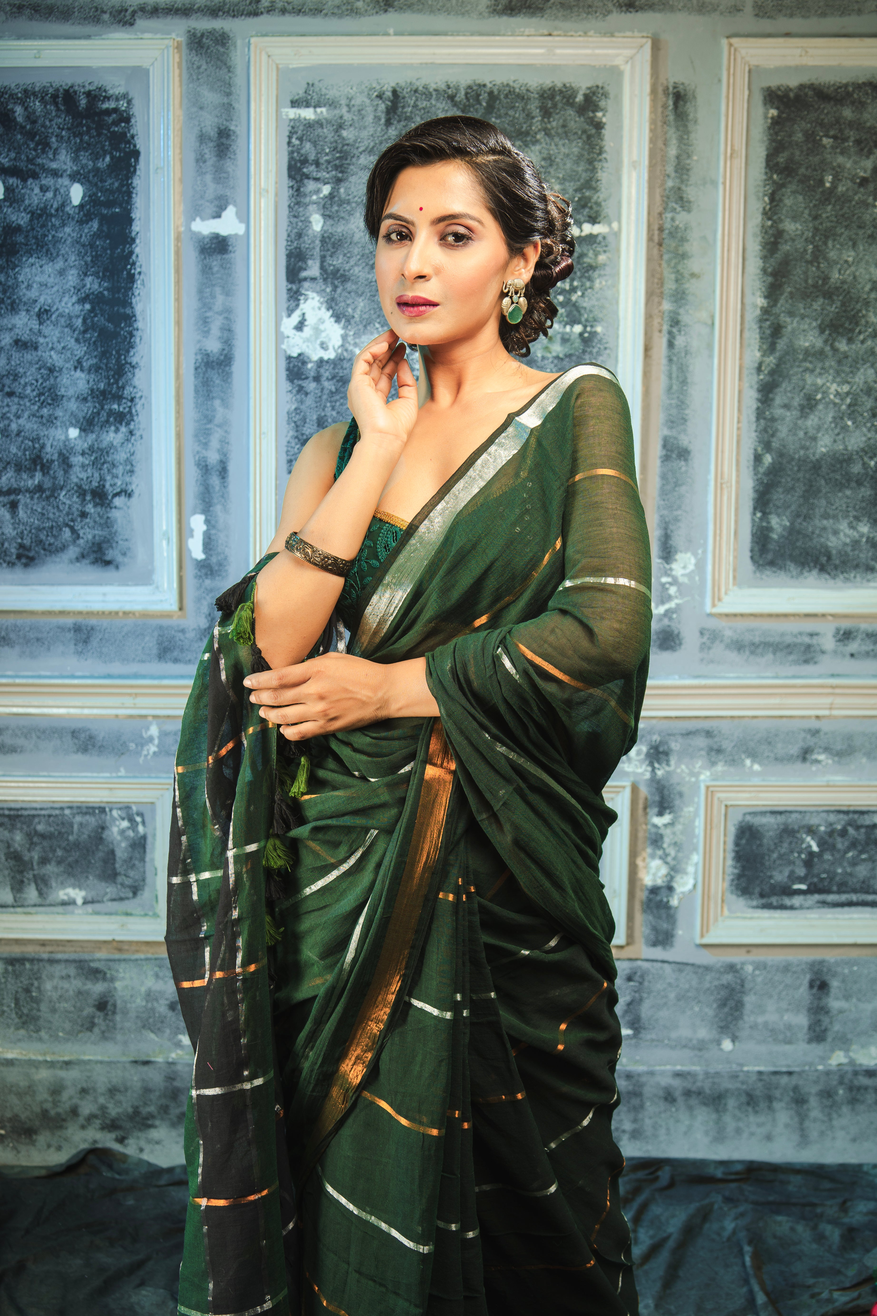 Dark Green Striped Mul Mul Cotton Saree