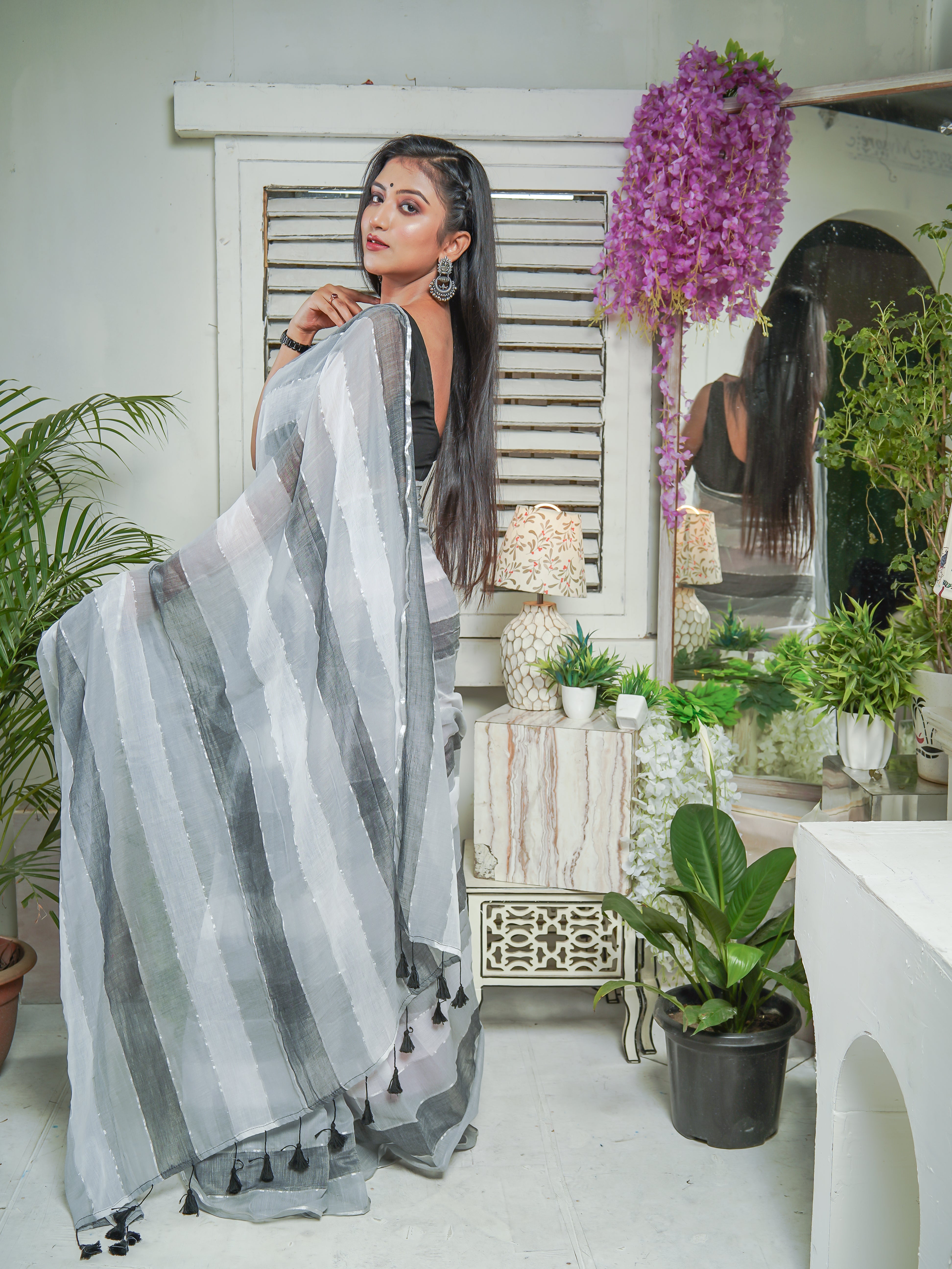 Multicolour Rainbow Mul Mul Cotton Saree White & Grey