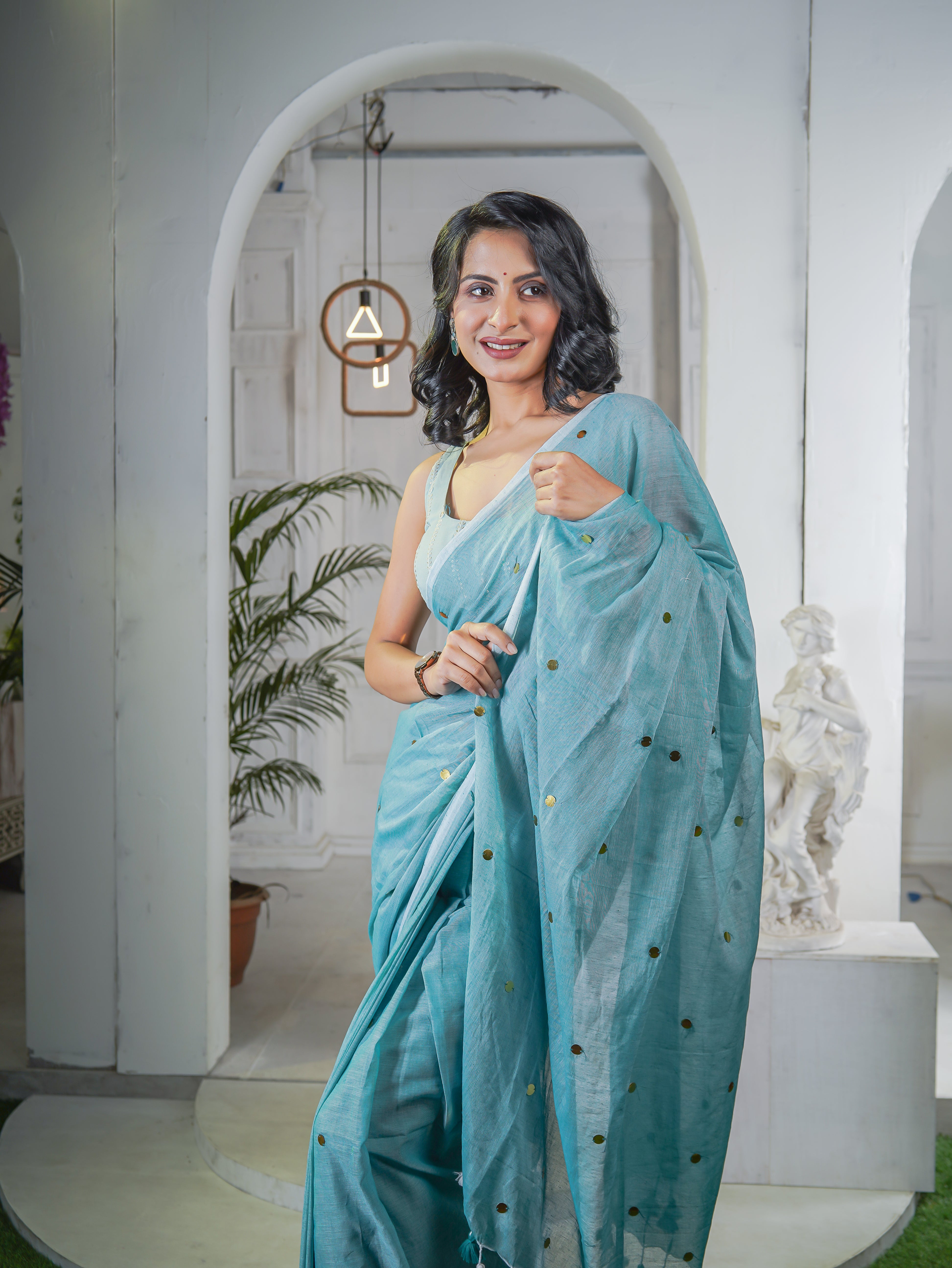 Light Blue Mul Mul Cotton Saree with Ginni Work