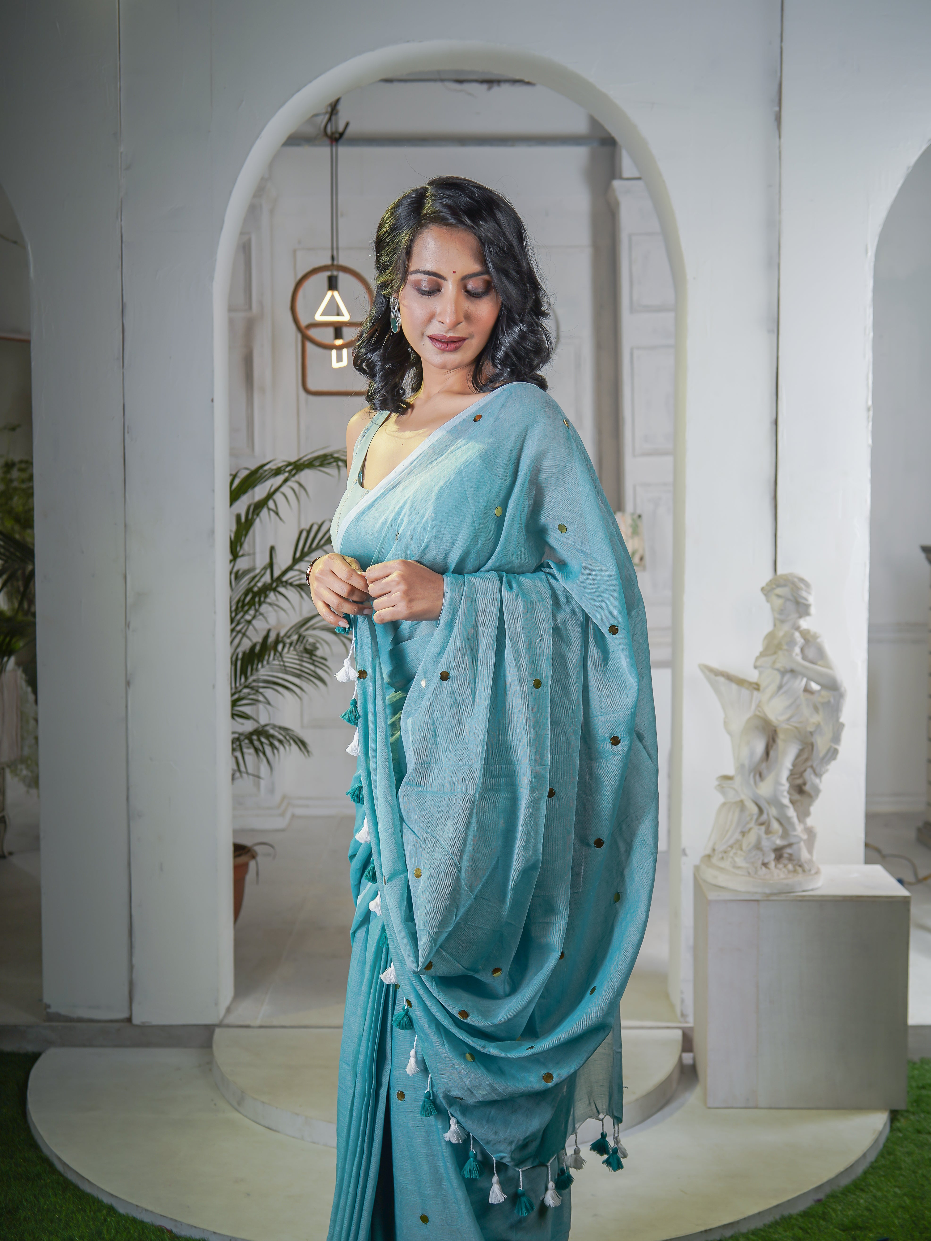 Light Blue Mul Mul Cotton Saree with Ginni Work