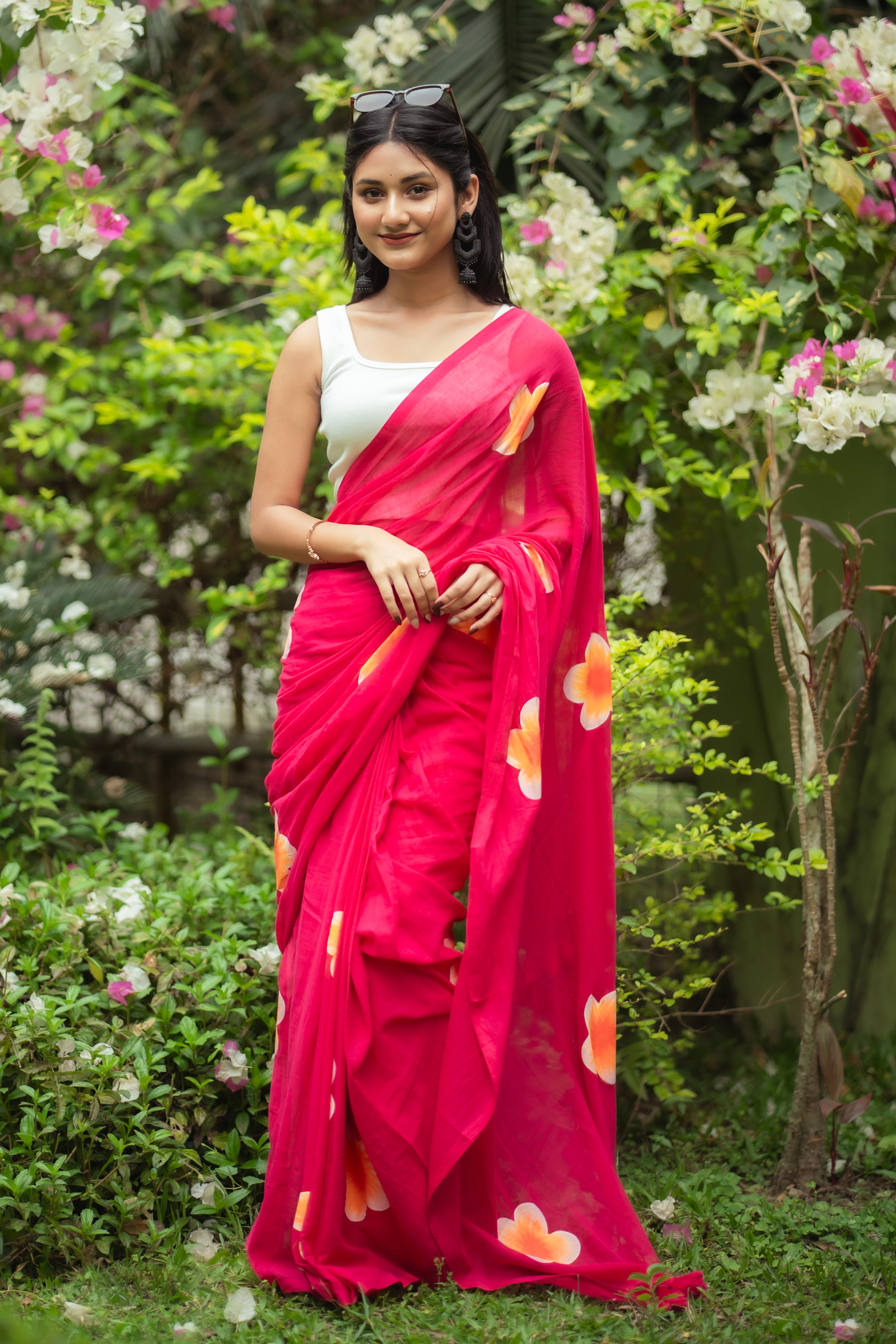 Hand-Printed Floral Mulmul Cotton Saree- Rani