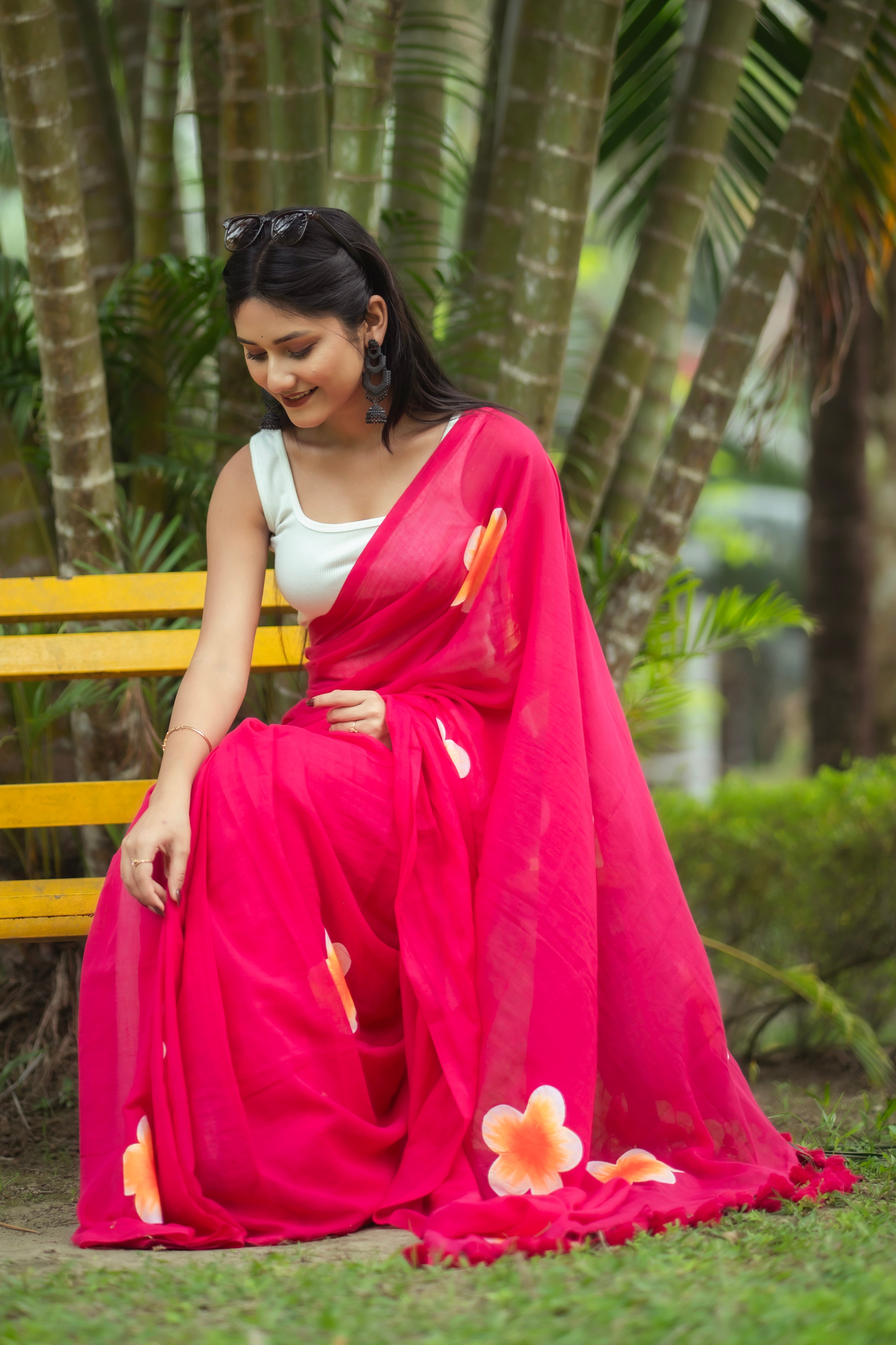 Hand-Printed Floral Mulmul Cotton Saree- Rani