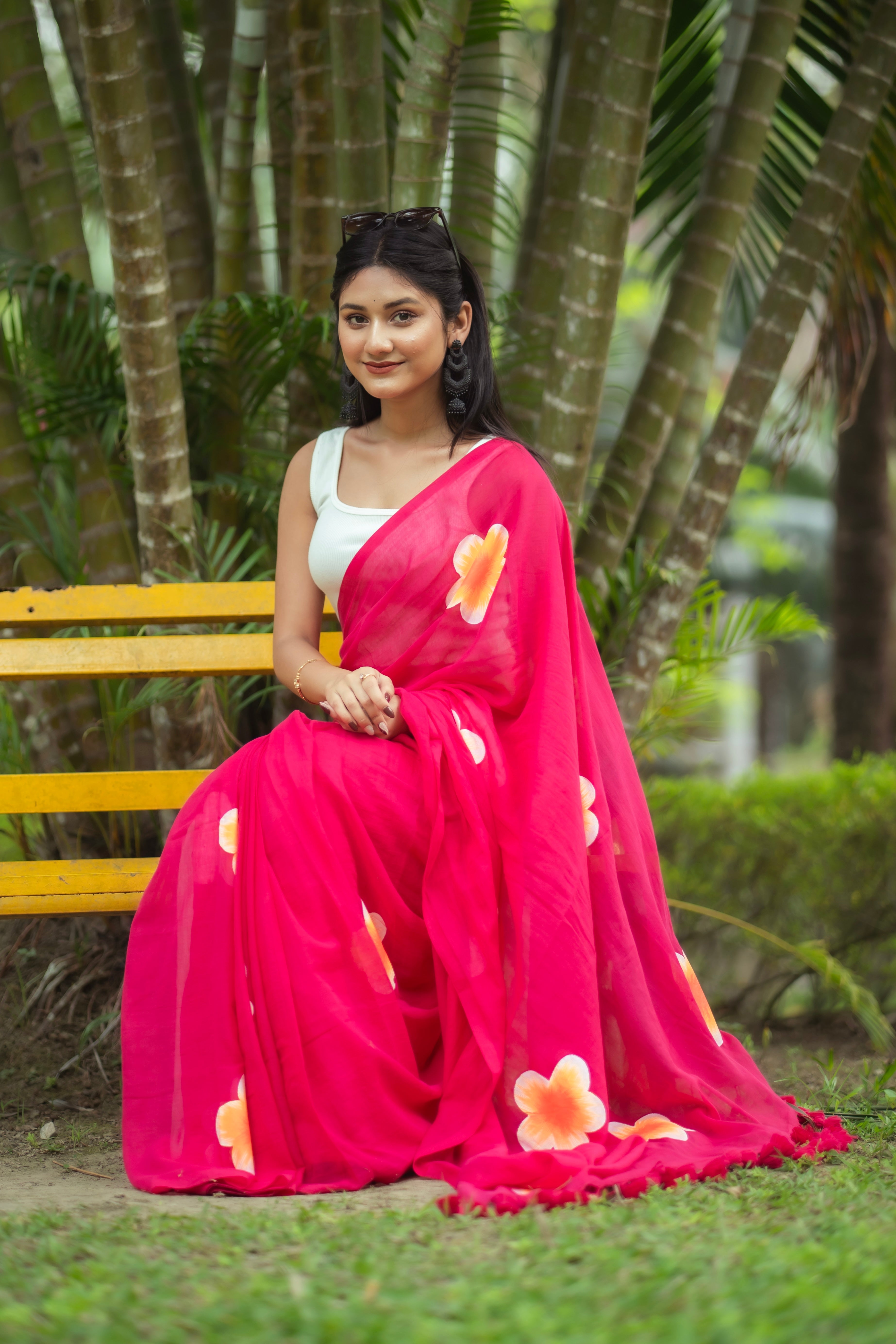 Hand-Printed Floral Mulmul Cotton Saree- Rani