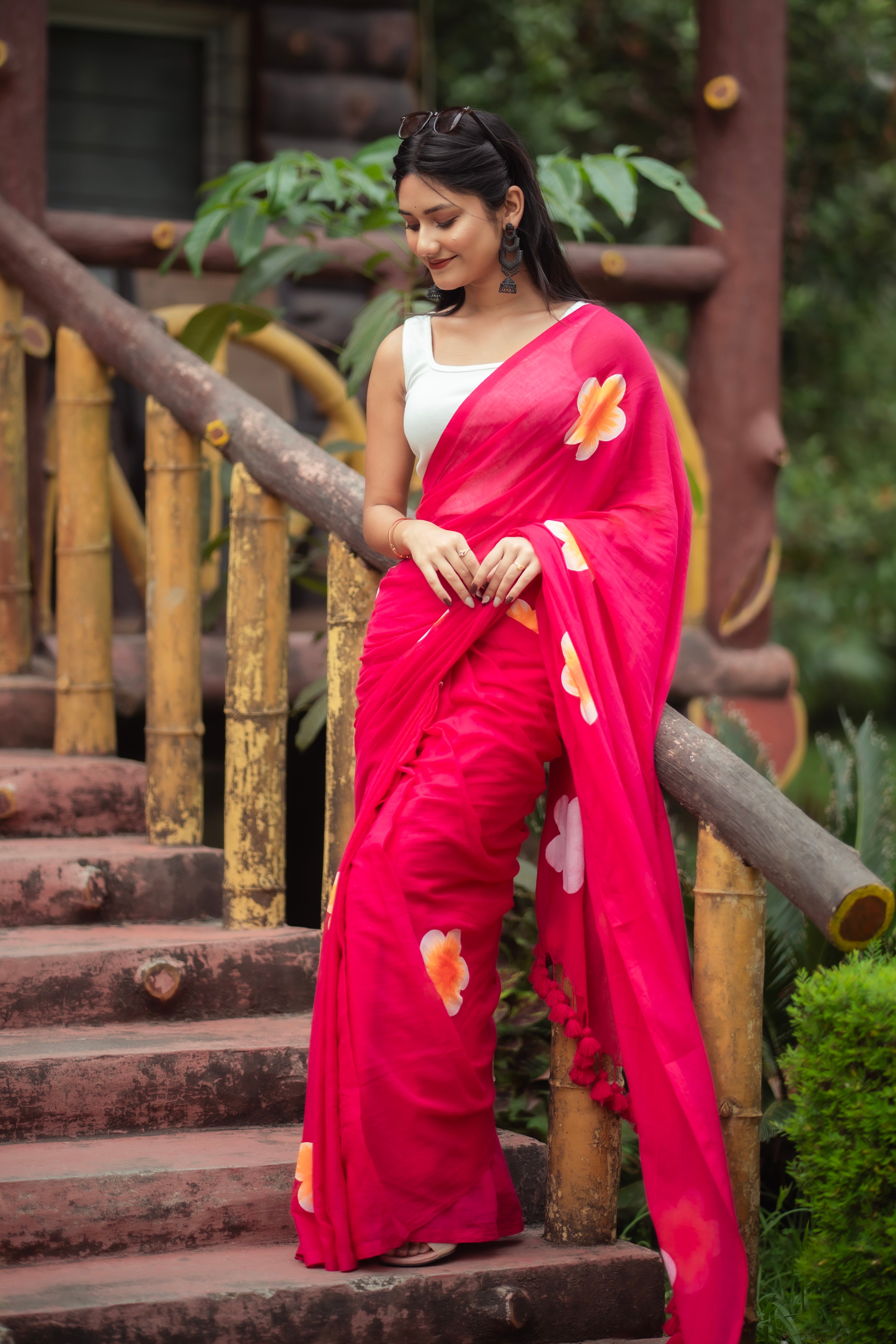 Hand-Printed Floral Mulmul Cotton Saree- Rani