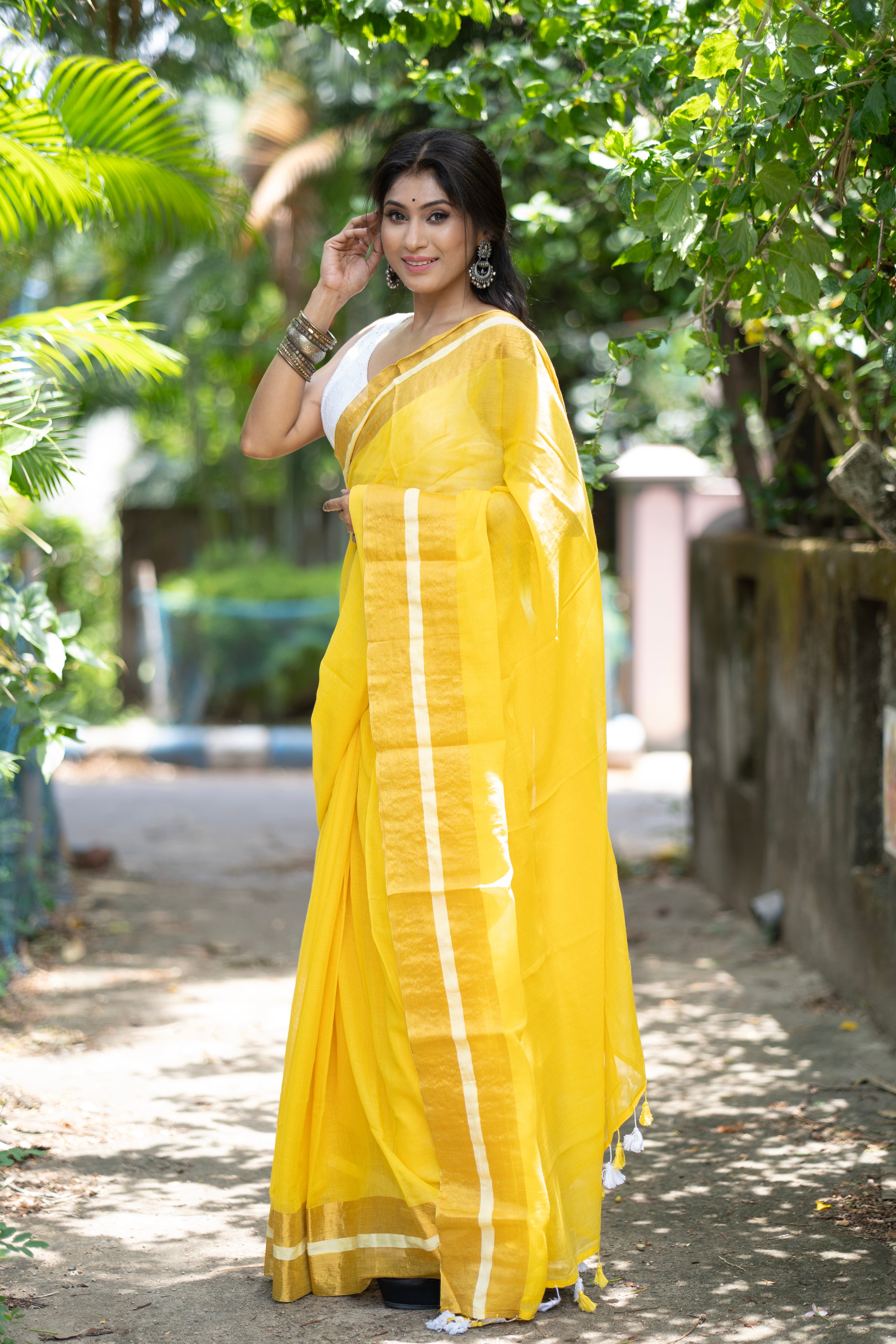 Divya Yellow Mul Mul Cotton Saree-yellow