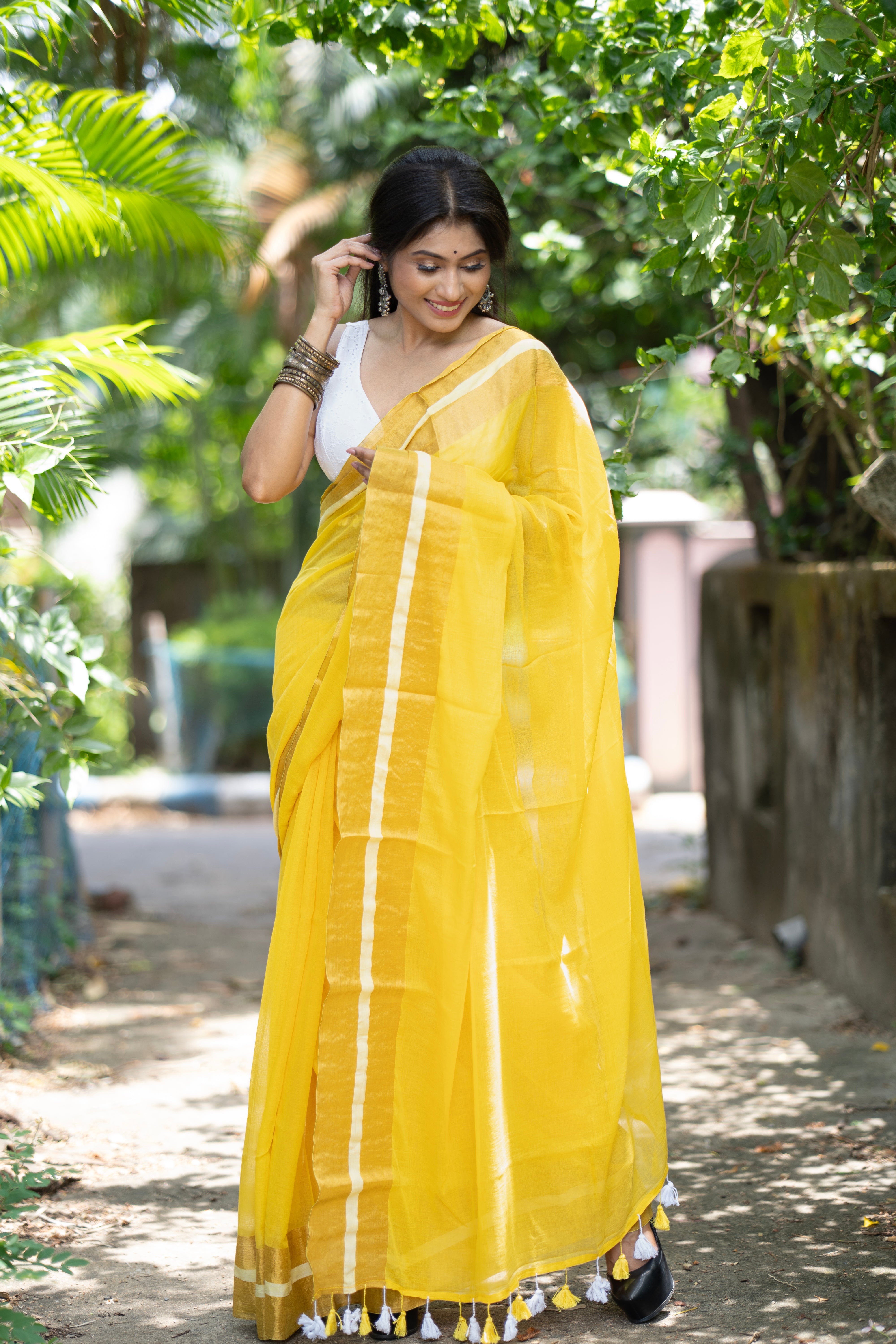 Divya Yellow Mul Mul Cotton Saree-yellow