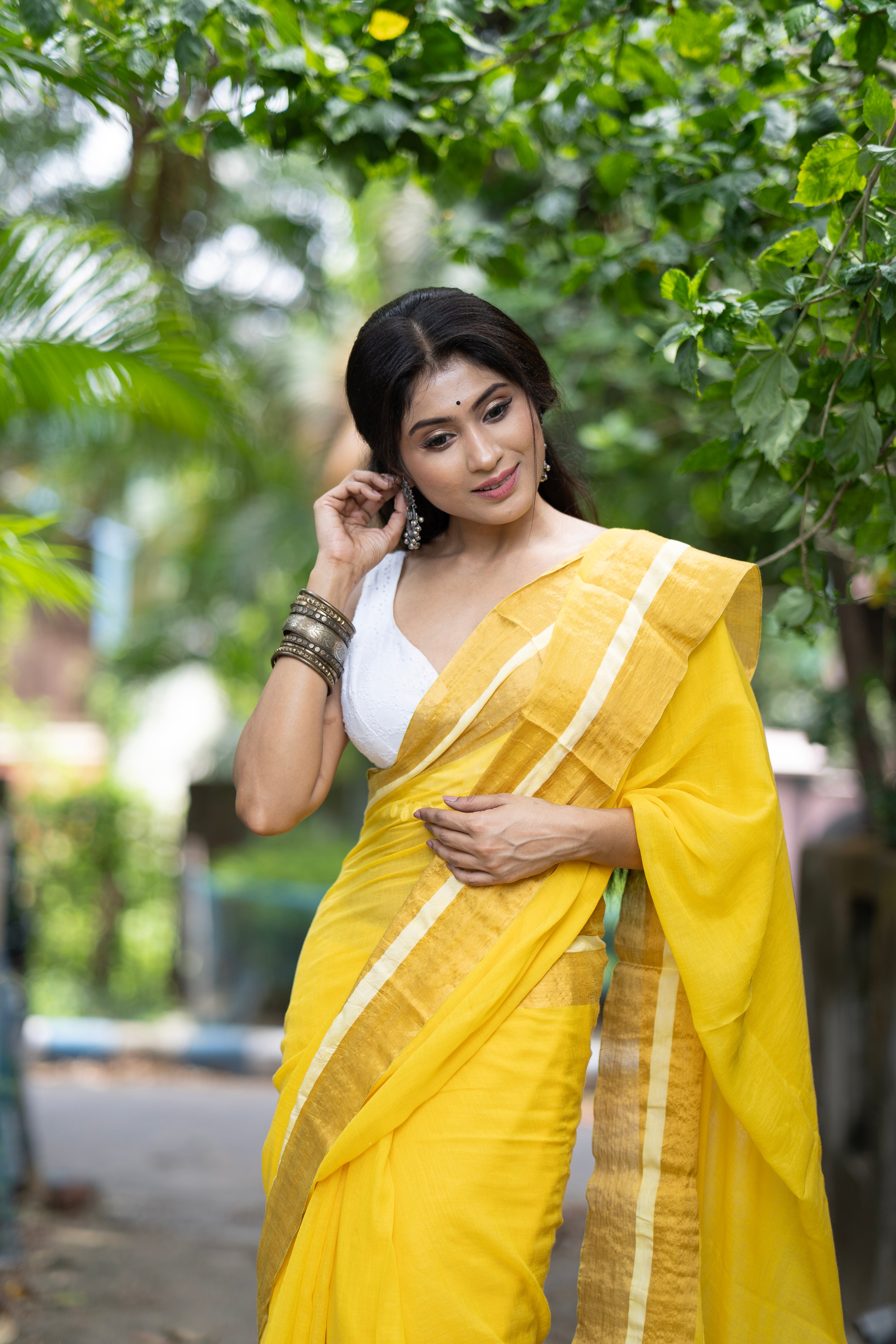 Divya Yellow Mul Mul Cotton Saree-yellow