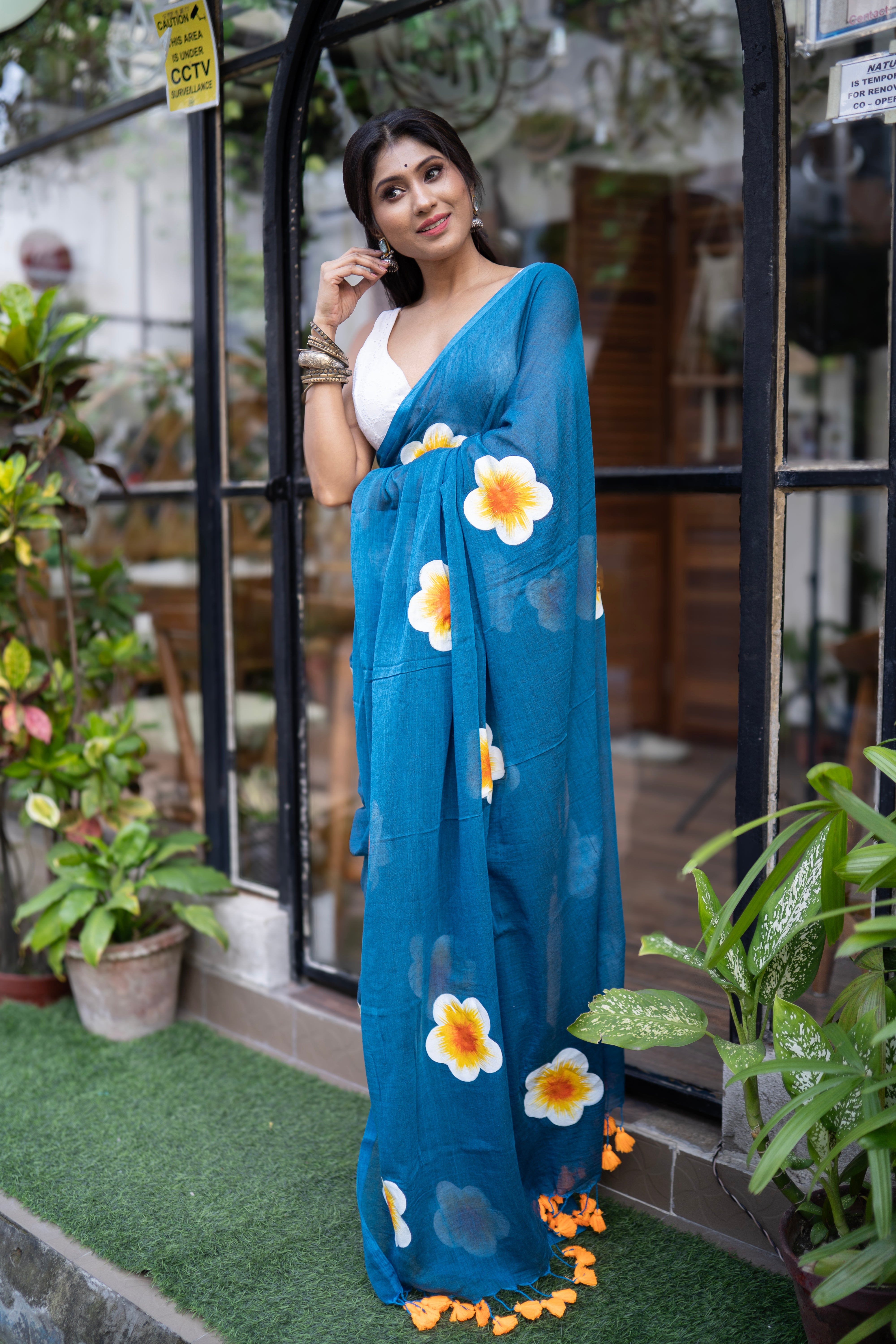 Navy blue Hand-Printed Floral Mulmul Cotton Saree