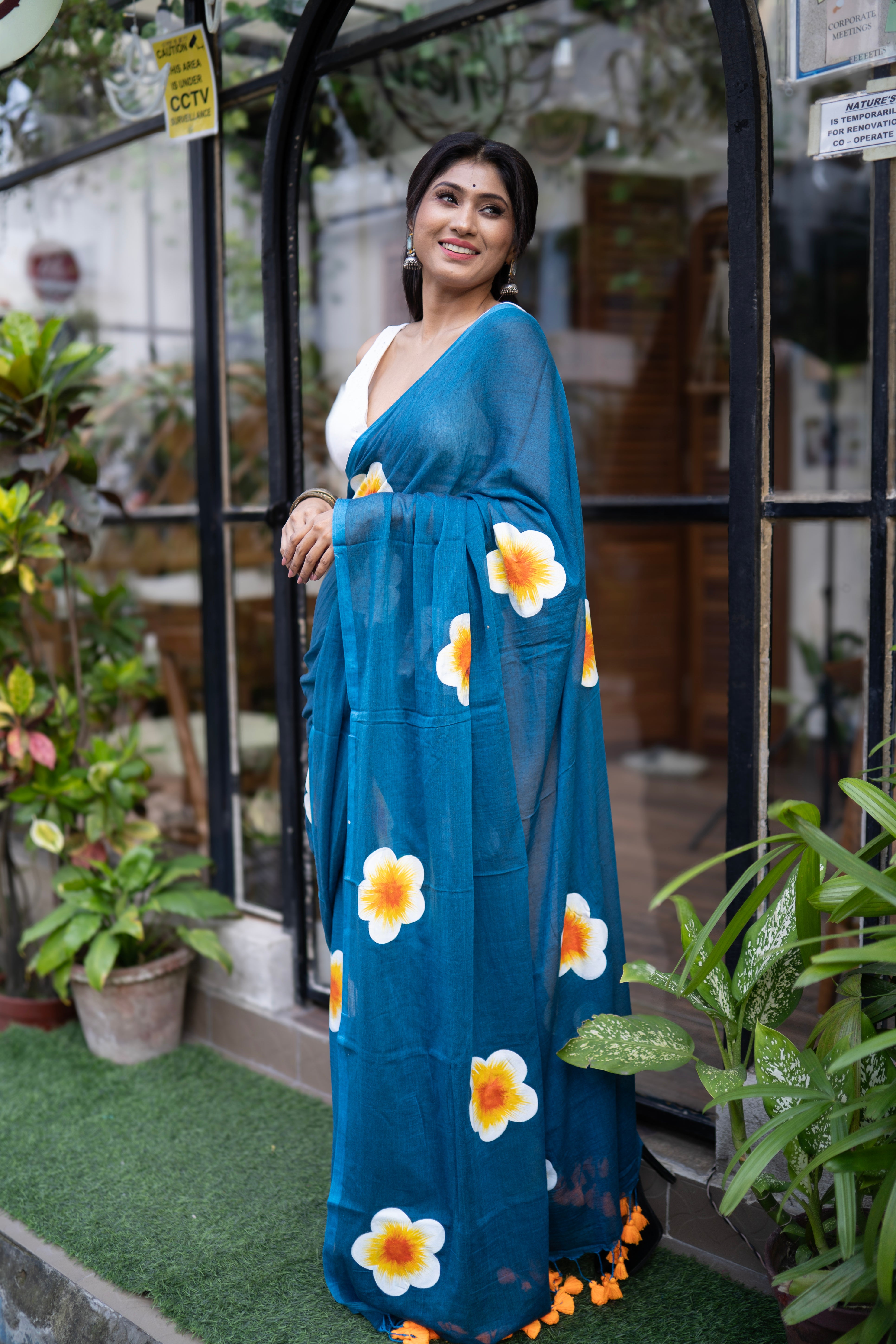 Navy blue Hand-Printed Floral Mulmul Cotton Saree
